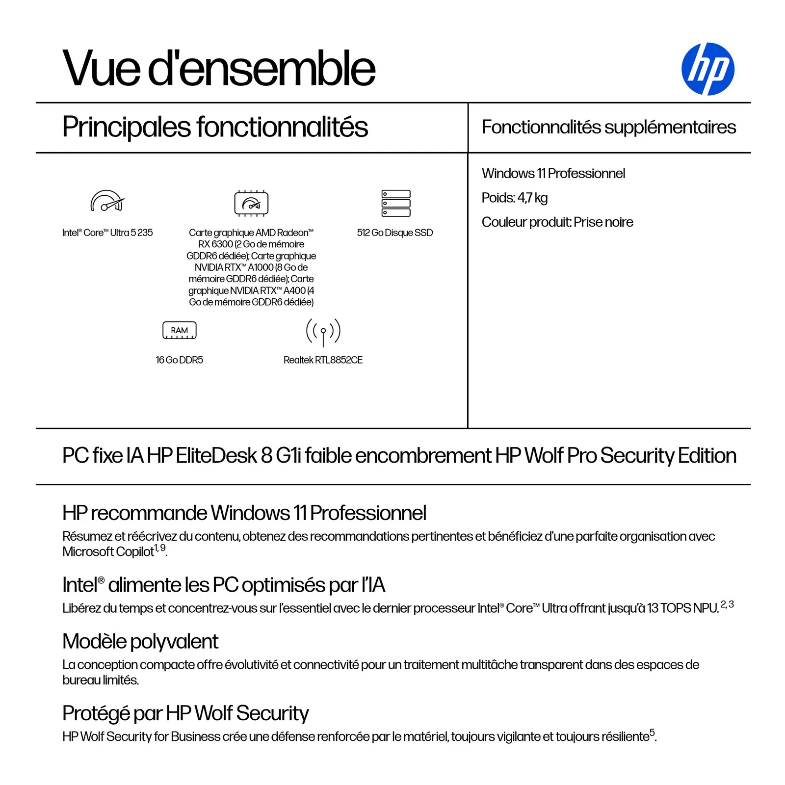 HP EliteDesk 8 SFF G1i AI Wolf Pro Security Edition Intel Core Ultra 5 235 16 Go DDR5-SDRAM 512 Go SSD Windows 11 Pro PC AI PC Noir