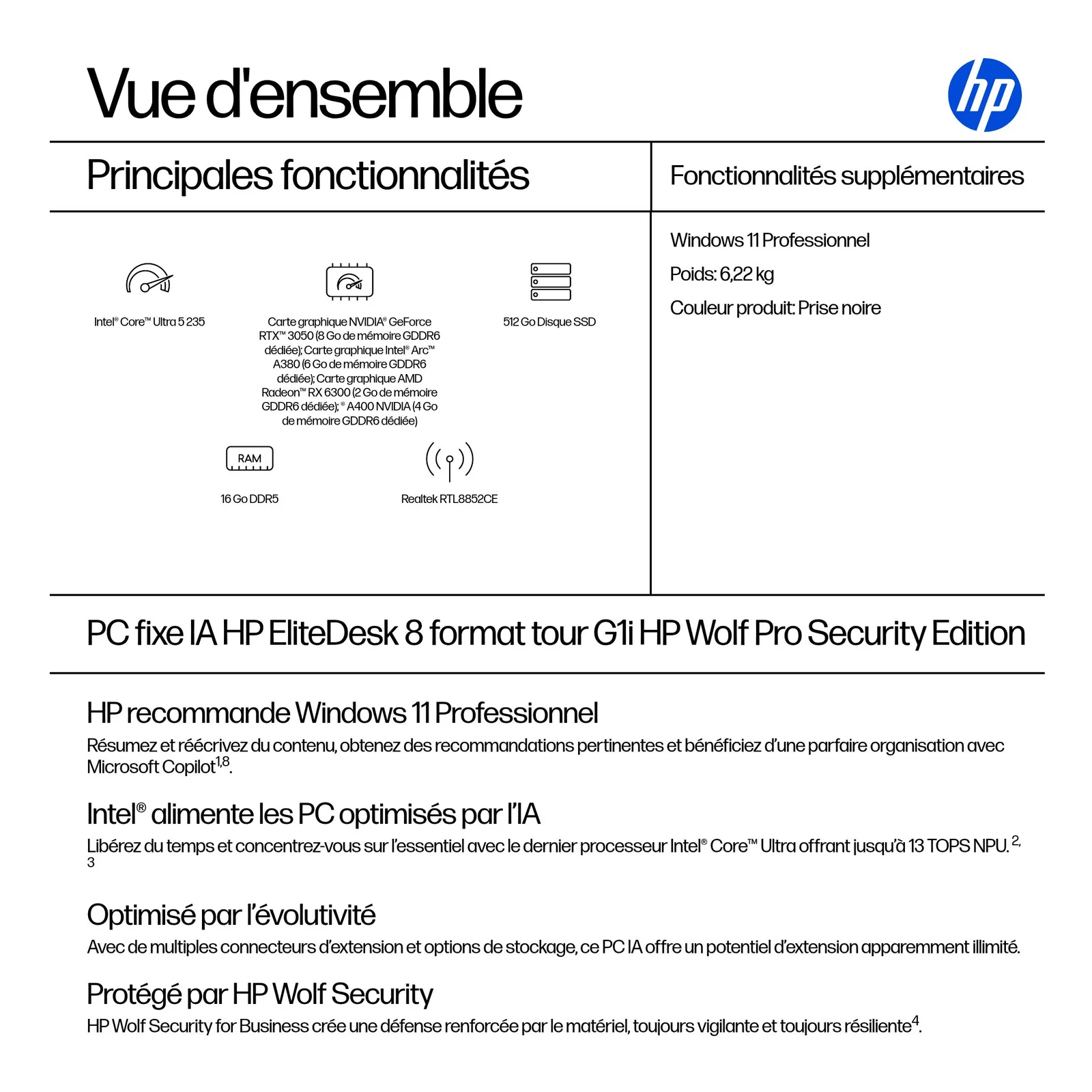 HP EliteDesk 8 Tower G1i AI Wolf Pro Security Edition Intel Core Ultra 5 235 16 Go DDR5-SDRAM 512 Go SSD Windows 11 Pro PC AI PC Noir