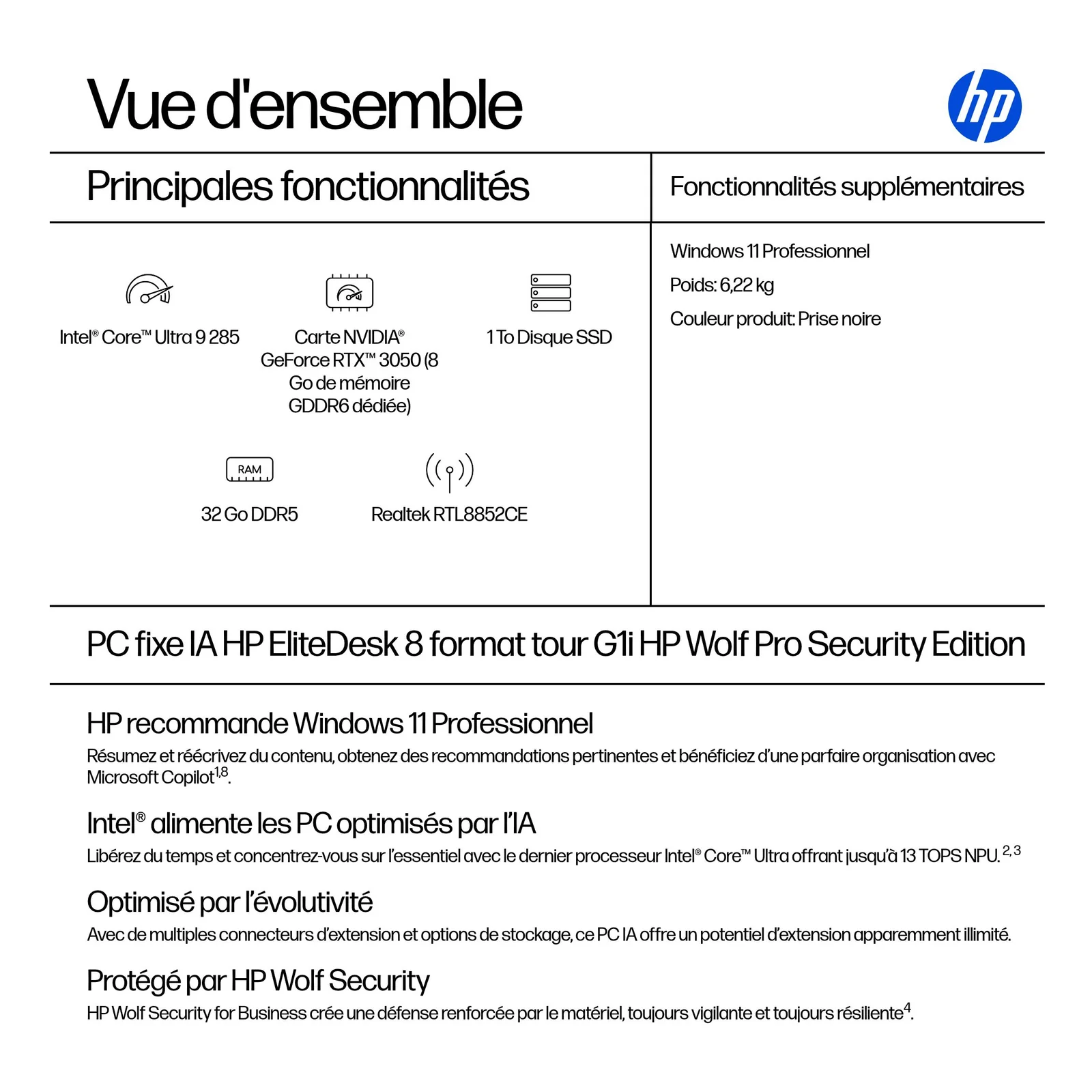 HP EliteDesk 8 Tower G1i AI Wolf Pro Security Edition Intel Core Ultra 9 285 32 Go DDR5-SDRAM 1 To SSD NVIDIA GeForce RTX 3050 Windows 11 Pro PC AI PC Noir