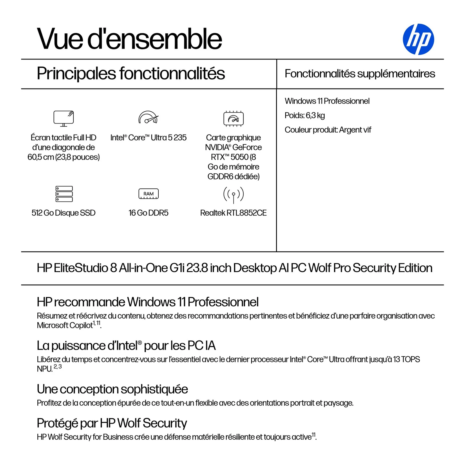 HP EliteStudio 8 G1i AI PC Wolf Pro Security Edition Intel Core Ultra 5 235 60,5 cm (23.8") 1920 x 1080 pixels Écran tactile PC All-in-One 16 Go DDR5-SDRAM 512 Go SSD Windows 11 Pro Wi-Fi 6E (802.11ax) Argent