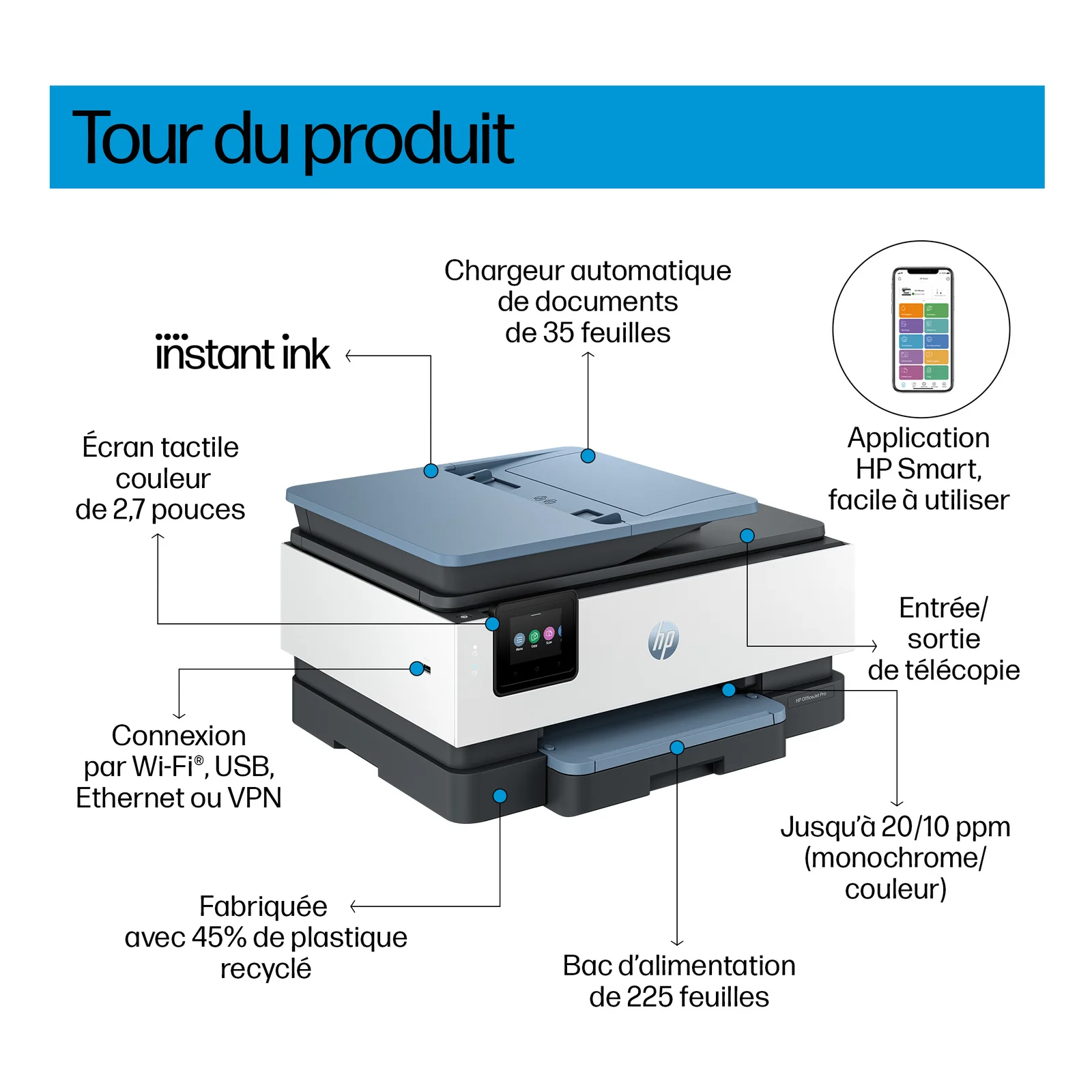HP OfficeJet Pro 8135e Sans fil All-in-One Couleur Imprimante, Instant Ink; Impression recto-verso