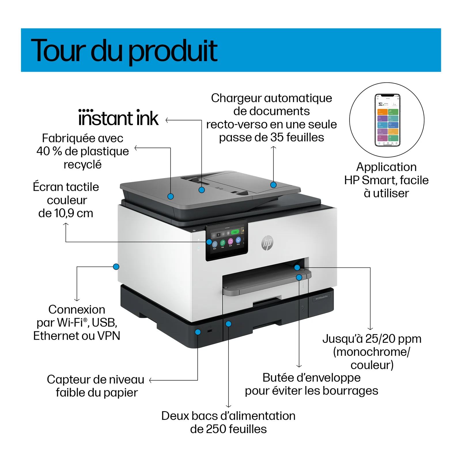 HP OfficeJet Pro 9135e Sans fil All-in-One Couleur Imprimante, Instant Ink; Impression recto-verso