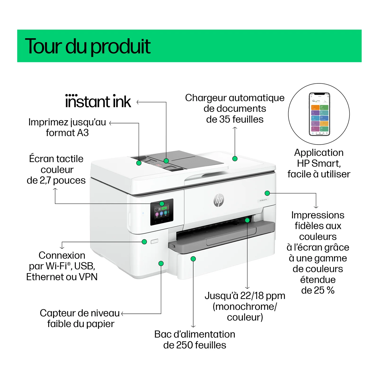 HP OfficeJet Pro 9720e Sans fil All-in-One Couleur Imprimante, Impression recto-verso; copieur, scanner