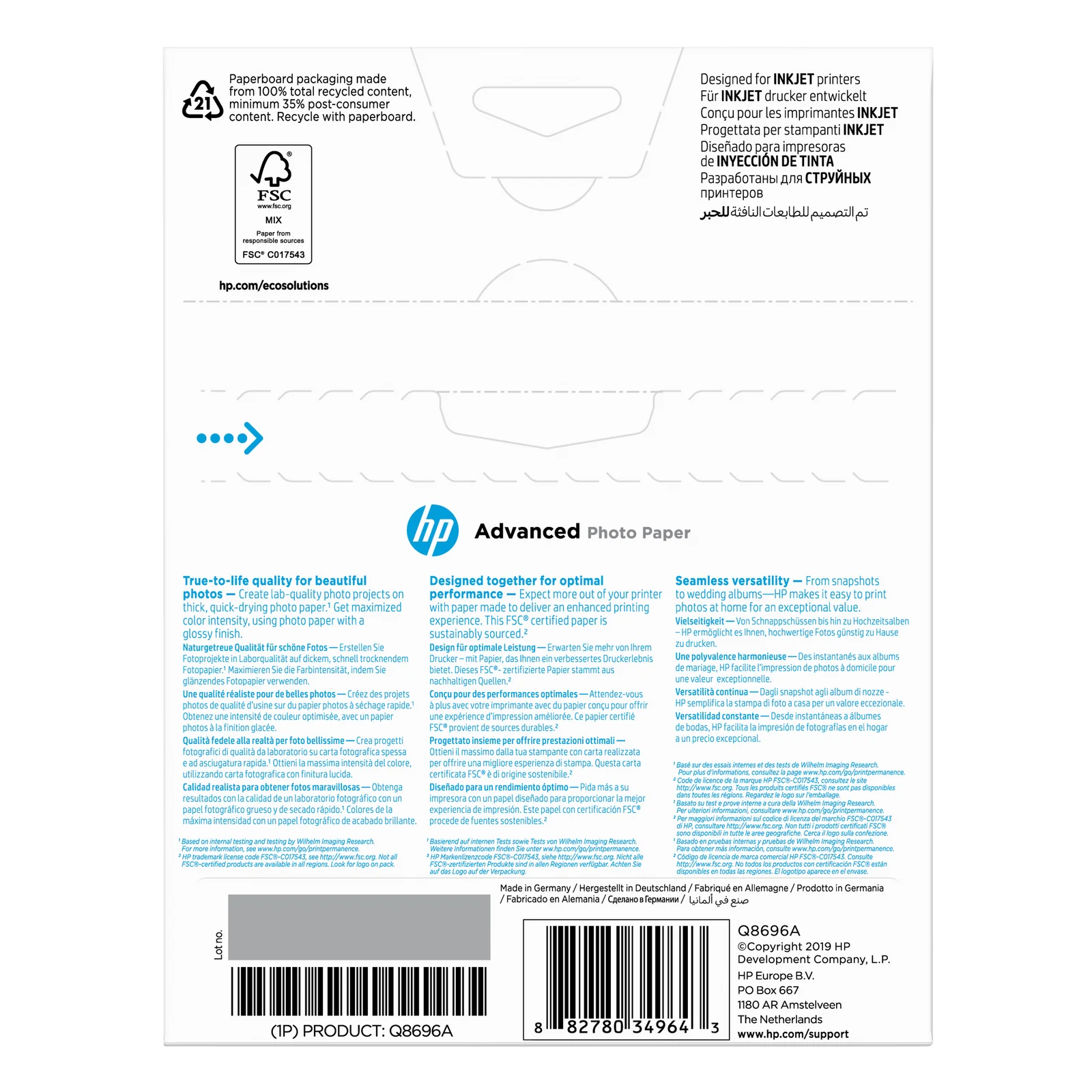 HP Papier photo Advanced, brillant, 250 g/m2, 13 x 18 cm (127 x 178 mm), 25 feuilles