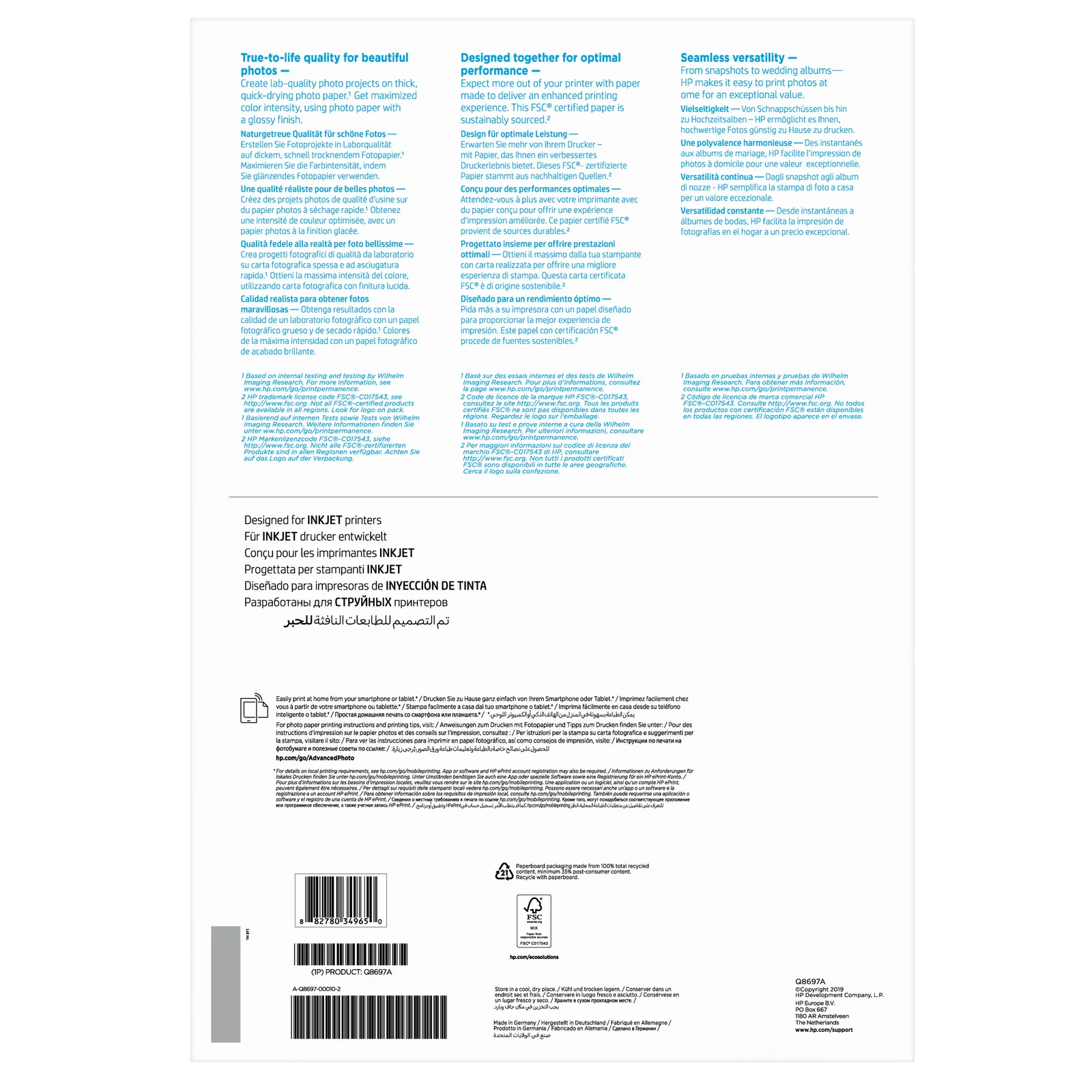 HP Papier photo Advanced, brillant, 250 g/m2, A3 (297 x 420 mm), 20 feuilles