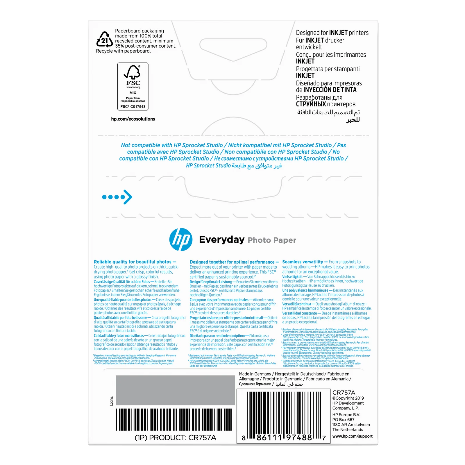 HP Papier photo Everyday, brillant, 200 g/m2, 10 x 15 cm (101 x 152 mm), 100 feuilles