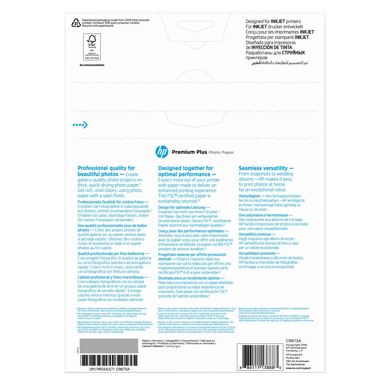 HP Papier photo Premium Plus, finition satinée, 300 g/m2, A4 (210 x 297 mm), 20 feuilles