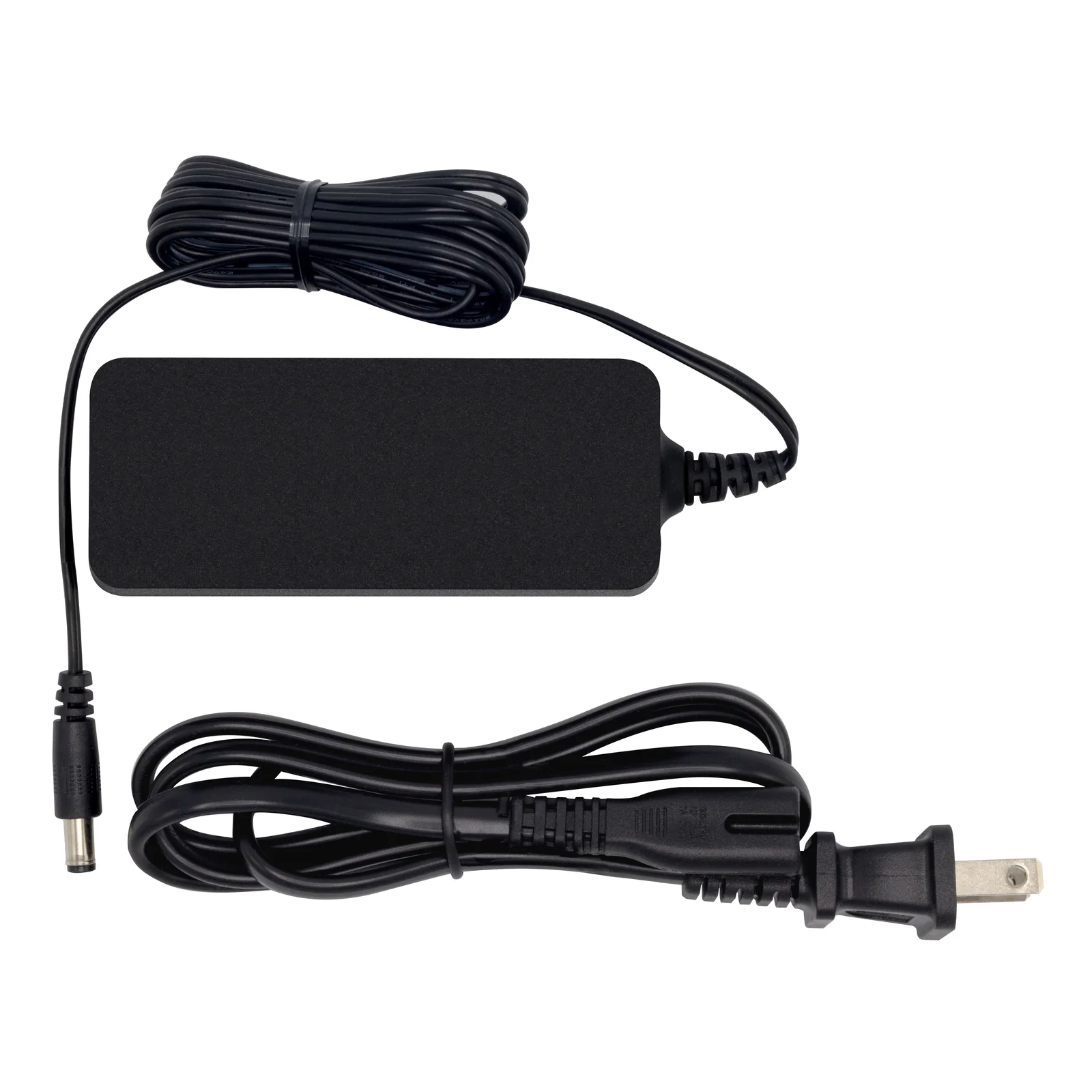 Adaptateur secteur plat HP Poly vue de dessus, câble enroulé et cordon secteur avec fiche US séparés sur fond blanc