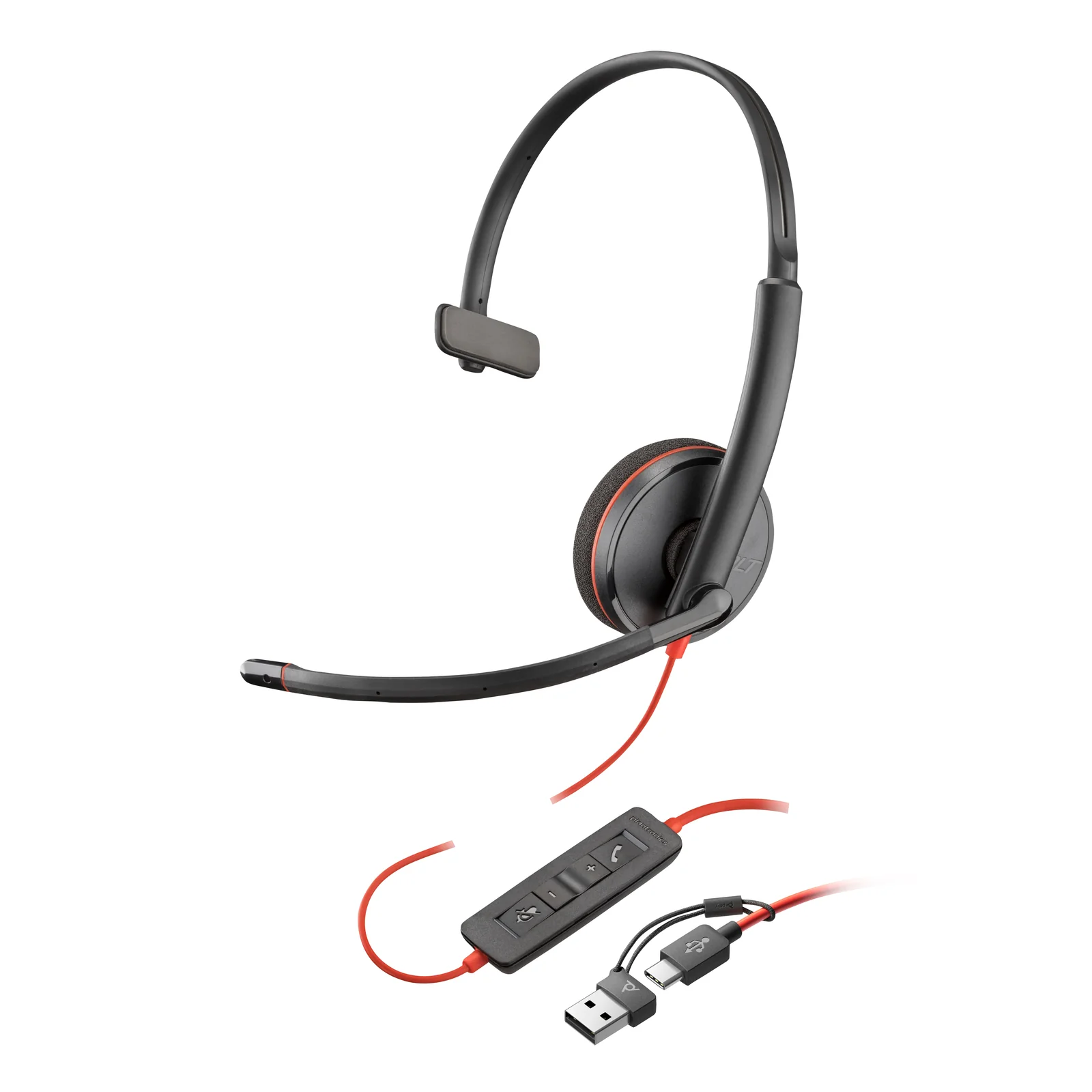 HP Poly Blackwire 3215 micro-casque monaural noir sur fond blanc, vue trois quarts, câble rouge avec module de commande Plantronics et connecteur double USB-A et USB-C