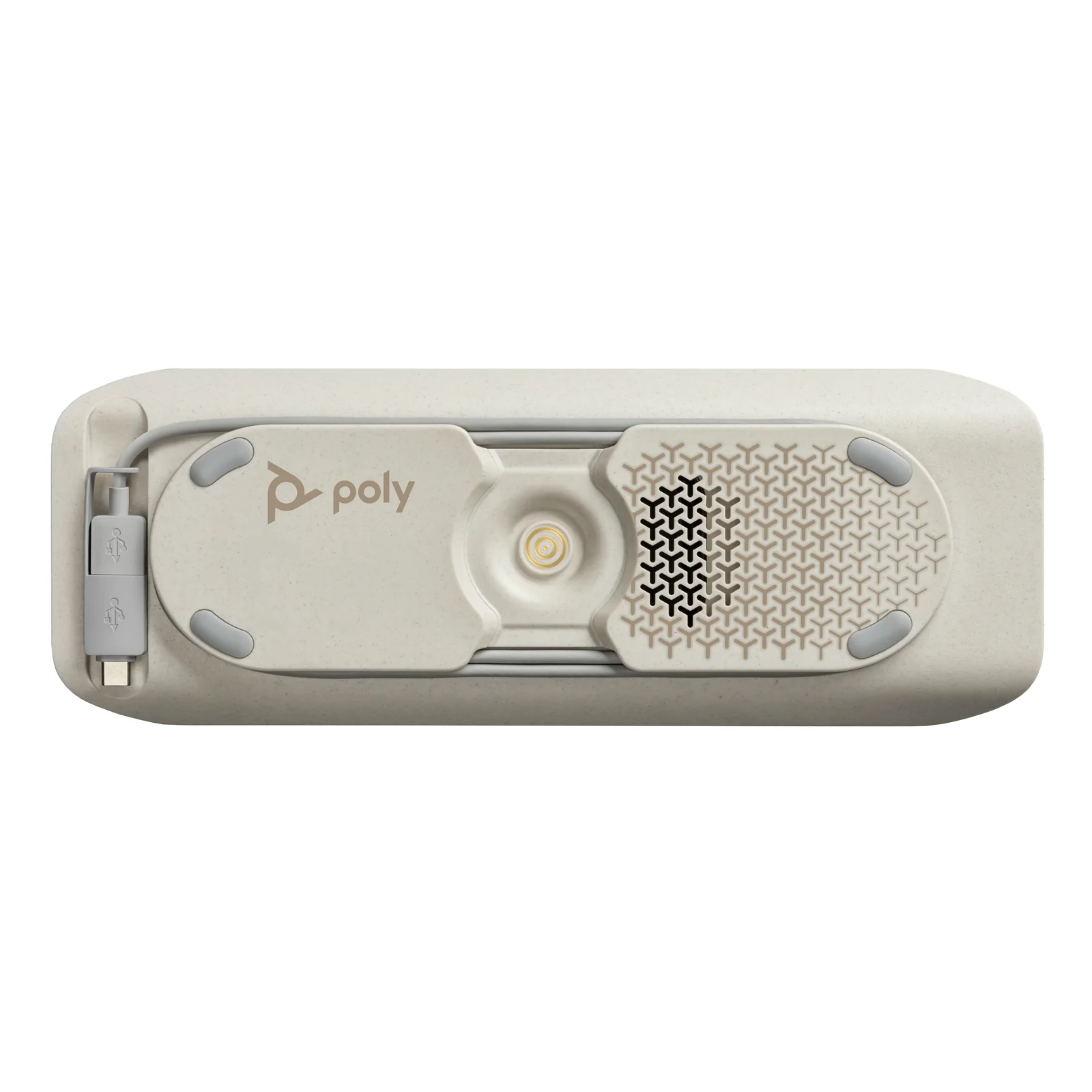 Vue du dessus du Poly Sync 40+ dans sa housse grise, câbles USB-A et USB-C intégrés visibles et grille de haut-parleur apparente