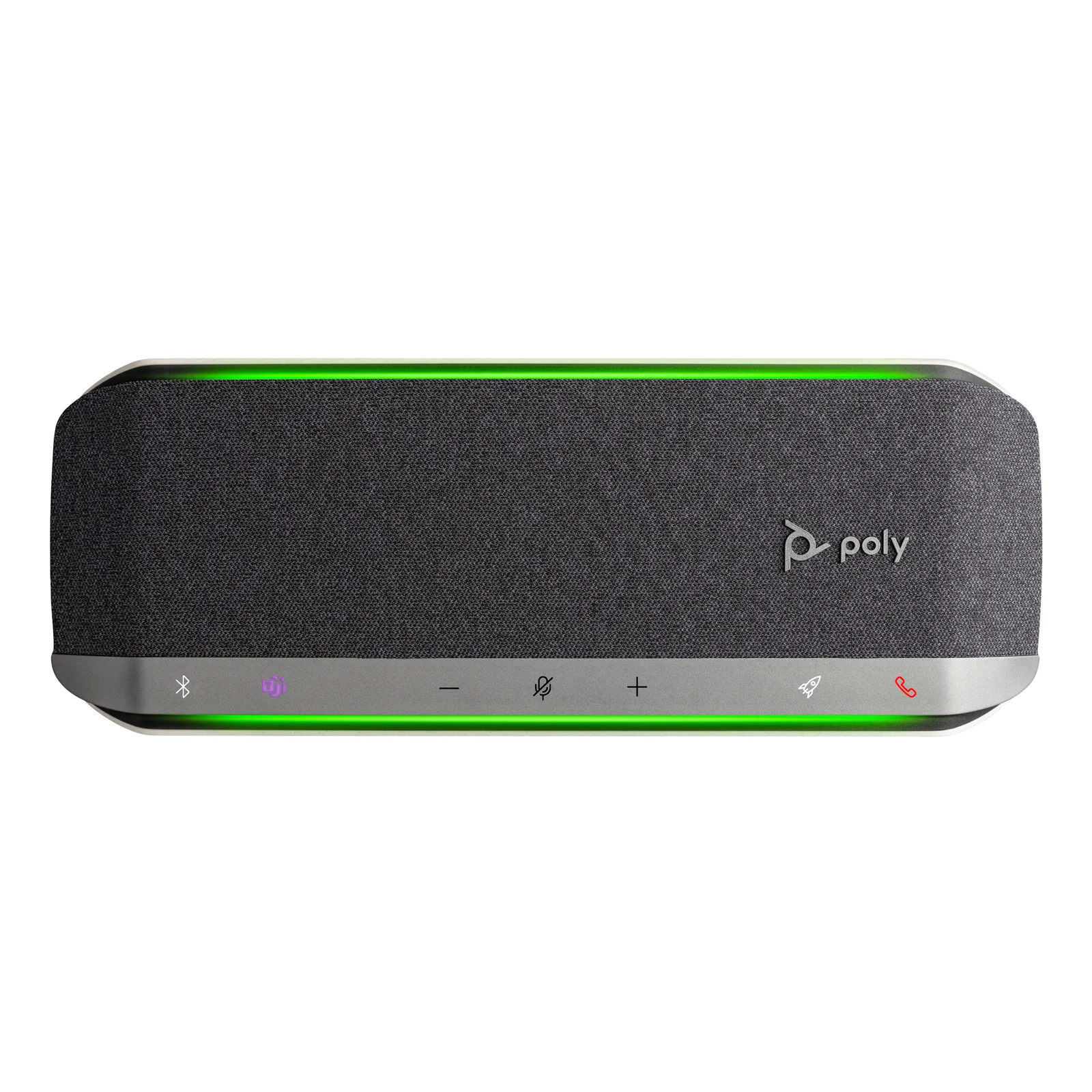 Face supérieure du Poly Sync 40-M, commandes tactiles et anneau LED vert, vue légèrement différente