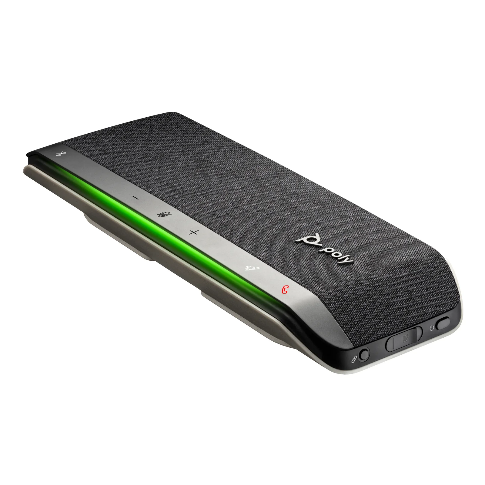 Poly Sync 40 en vue de trois quarts, profil latéral avec port USB visible et anneau LED vert, fond blanc