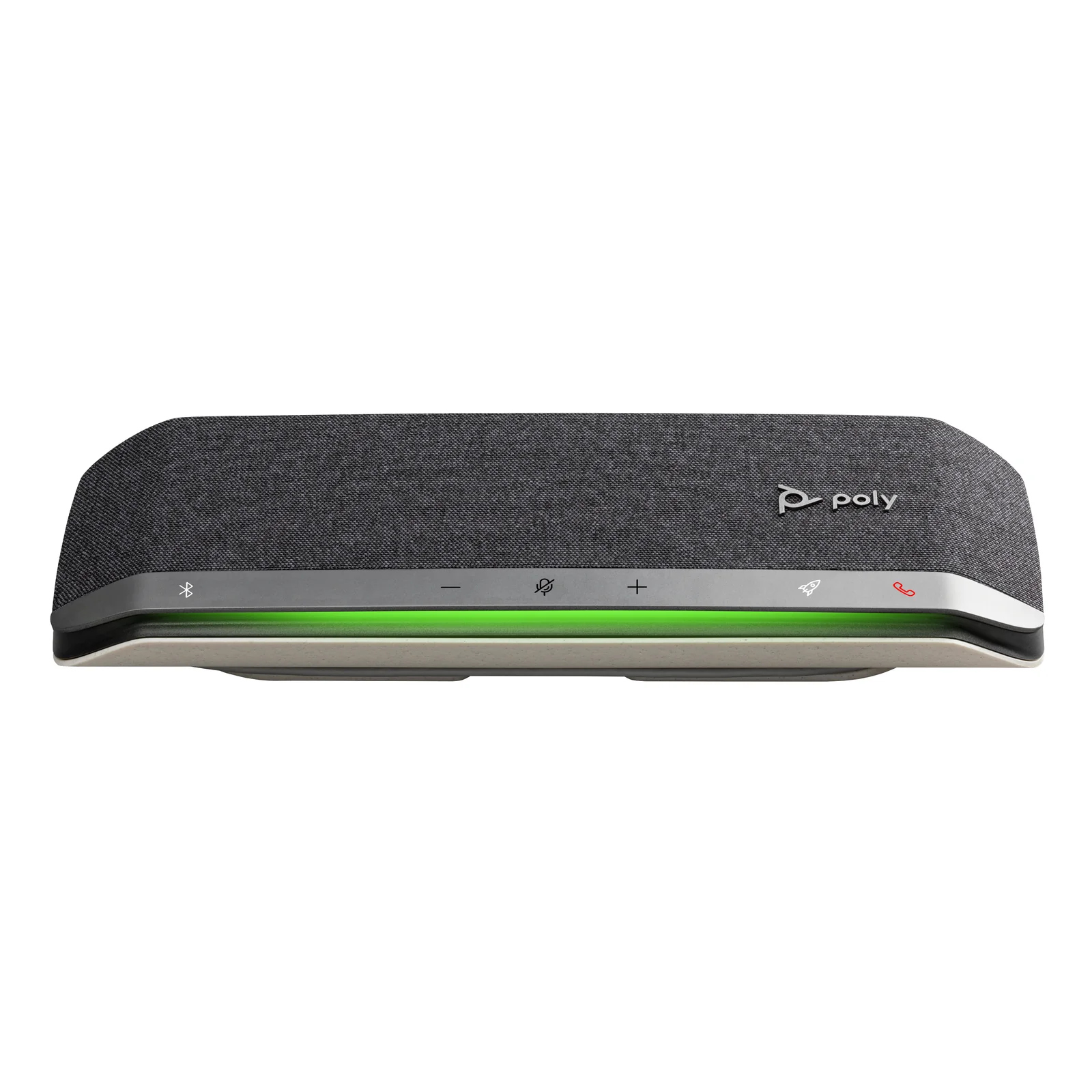 Face supérieure du Poly Sync 40, commandes tactiles avec icônes sourdine et volume clairement visibles, LED verte