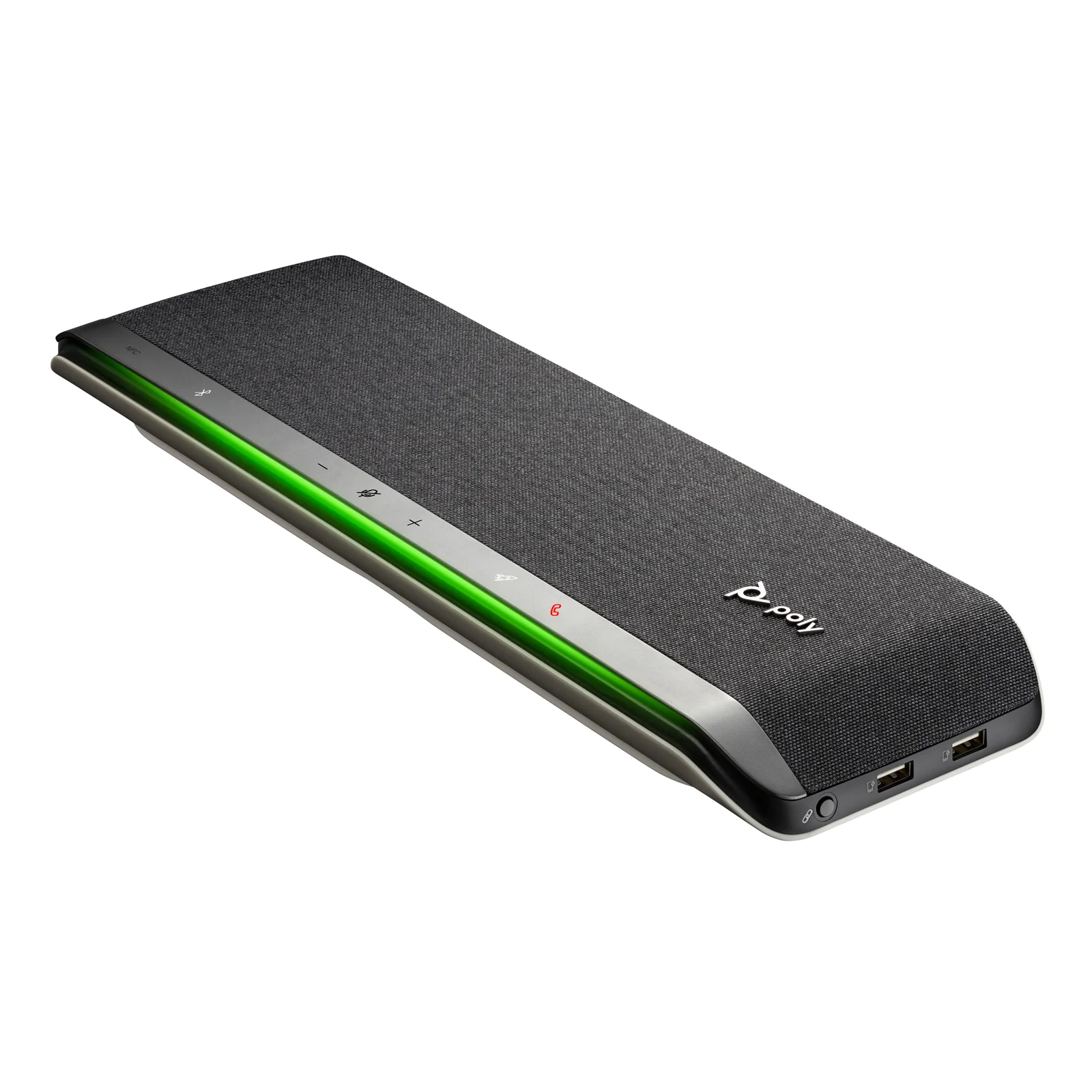 Poly Sync 60 version noire vu en angle, bandeau LED vert allumé et ports USB visibles sur le côté, logo Poly argenté sur fond sombre