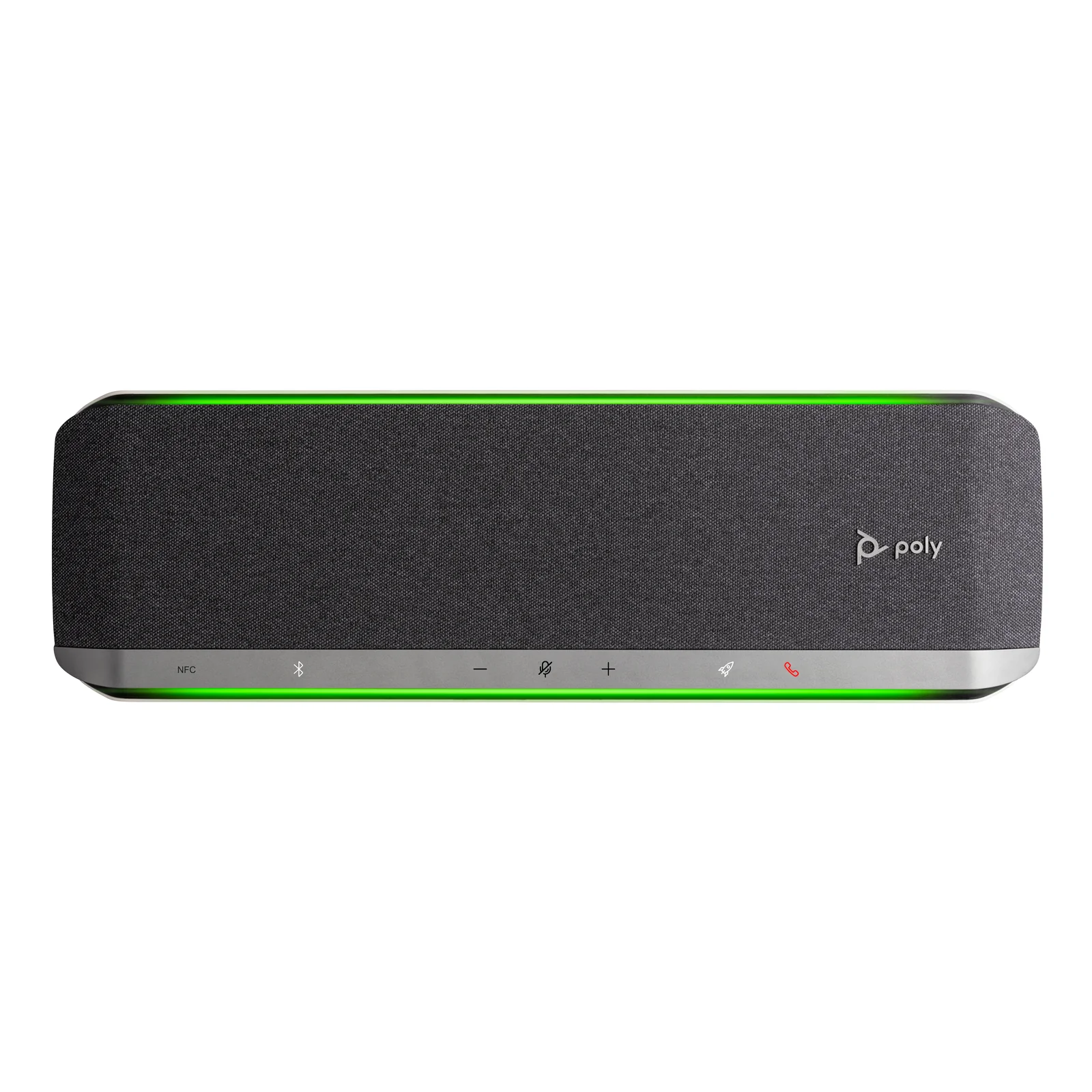 Poly Sync 60 version noire de face, bandeau LED vert allumé, touches de commande tactiles et logo Poly sur fond blanc