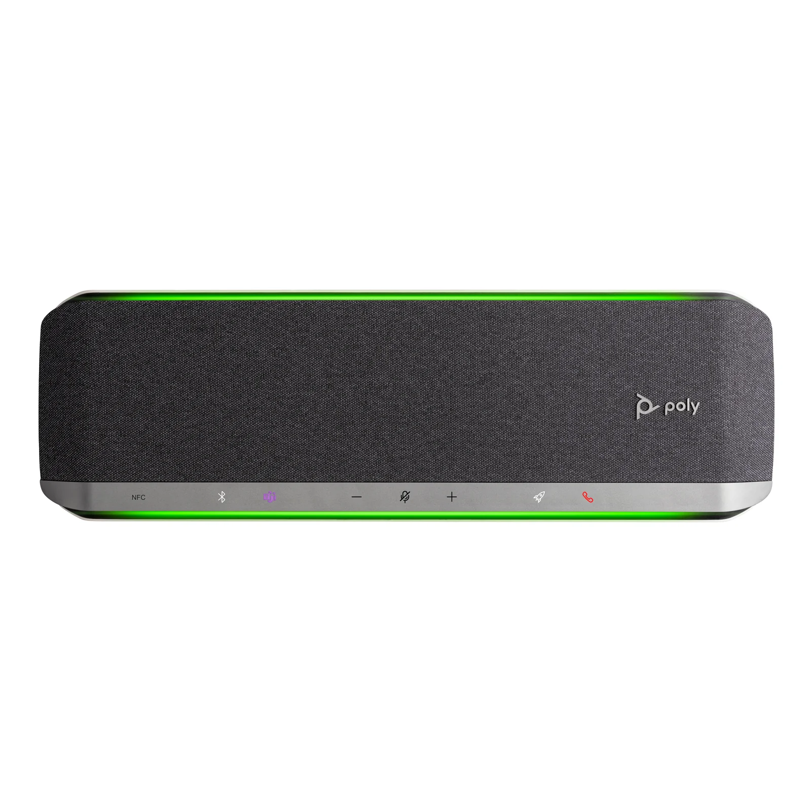 Vue de face d'un haut-parleur Poly compact en gris foncé avec bandeau LED vert et rangée de touches de contrôle