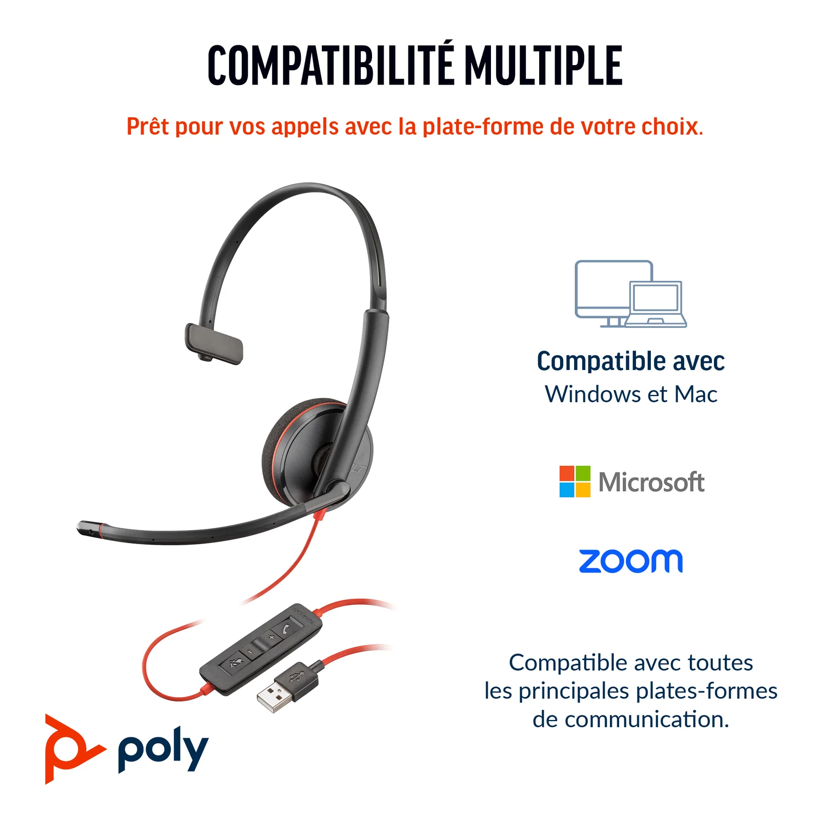 HP Poly Micro-casque Poly Blackwire 3210 monaural USB-C + adaptateur USB-C/A