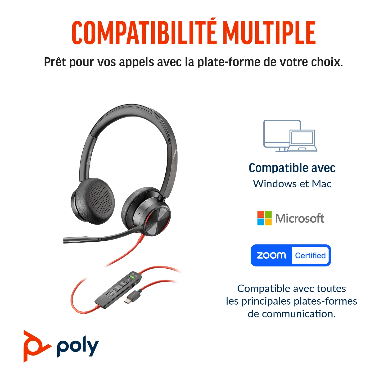 HP Poly Micro-casque Poly Blackwire 8225 stéréo USB-C certifié Microsoft Teams + adaptateur USB-C/A