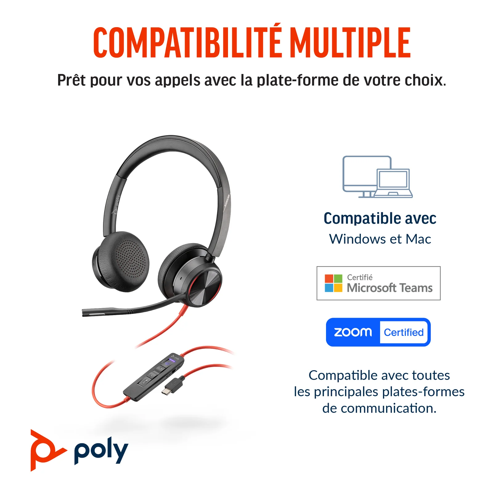 HP Poly Micro-casque Poly Blackwire 8225 stéréo USB-C certifié Microsoft Teams + adaptateur USB-C/A