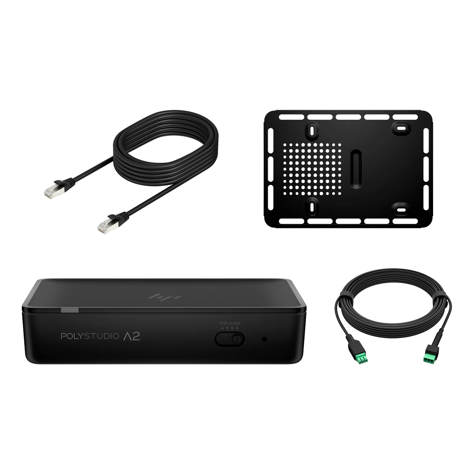 Contenu du kit HP Poly Studio A2 Audio Bridge noir, câble Ethernet RJ-45 noir, plaque de montage perforée, unité principale et câble d'extension microphone avec connecteurs verts.
