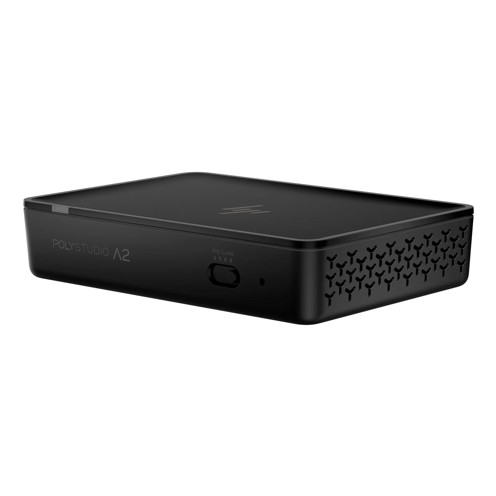 HP Poly Studio A2 Audio Bridge noir, vue de trois quarts depuis l'angle avant gauche, grille de ventilation en motif Y sur le côté droit et logo HP sur le dessus.