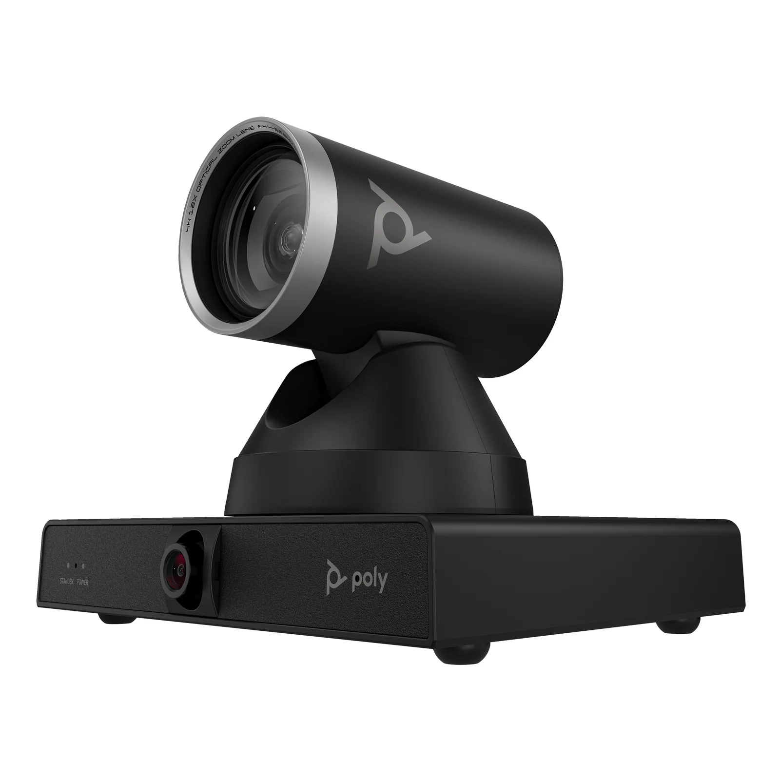 HP Poly Studio E60 vue de trois quarts arrière gauche, tête inclinée en avant, objectif large visible, socle avec ports arrière