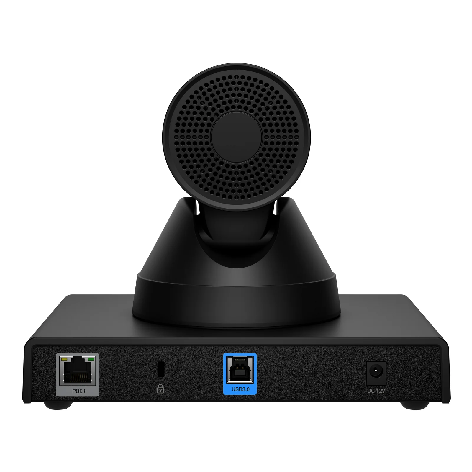 Vue arrière de la HP Poly Studio E60 montrant les connecteurs POE+, verrou Kensington, USB3.0 et DC 12V sur la base noire