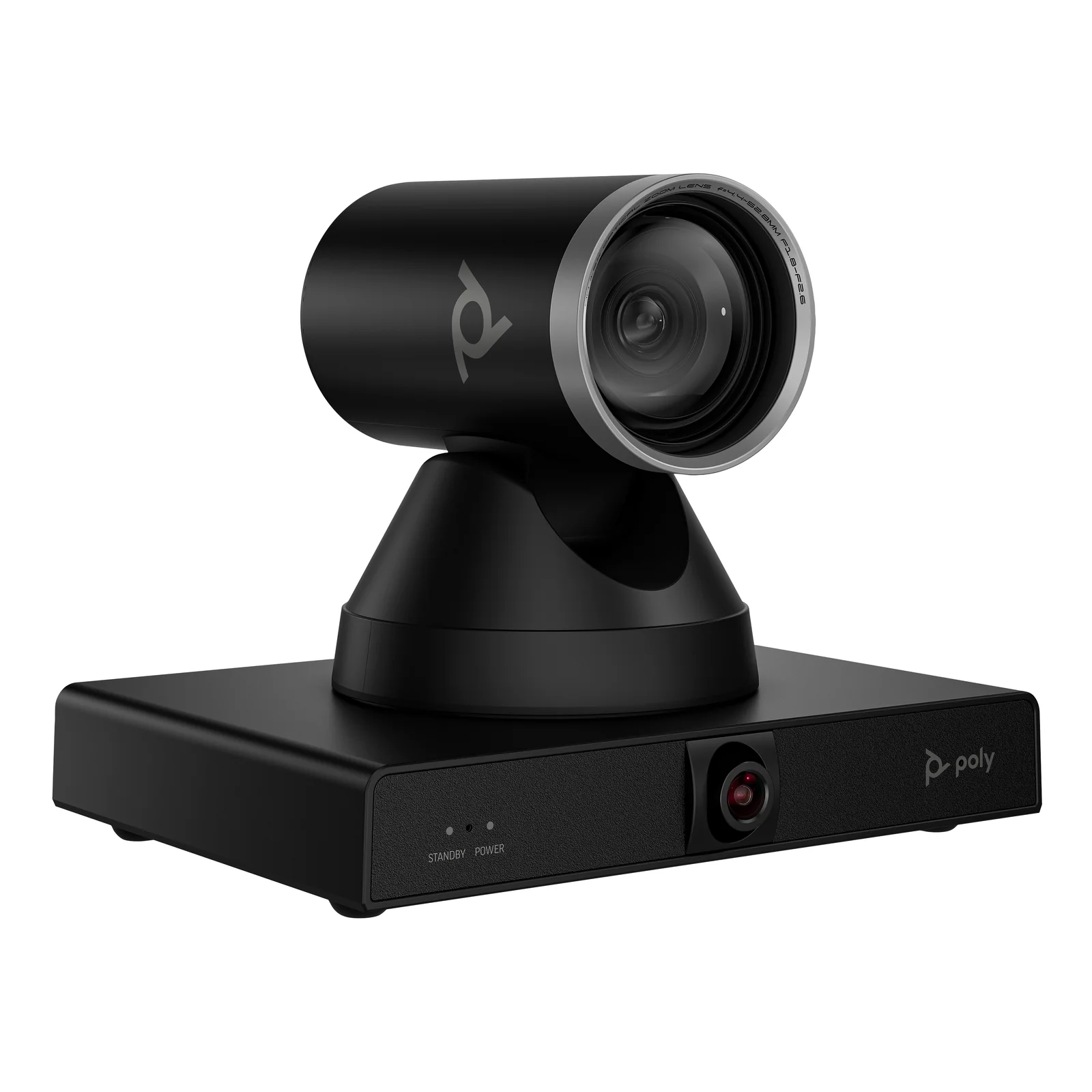 HP Poly Studio E60 vue de trois quarts, tête de caméra orientée vers la droite sur socle noir, logo Poly sur la tourelle