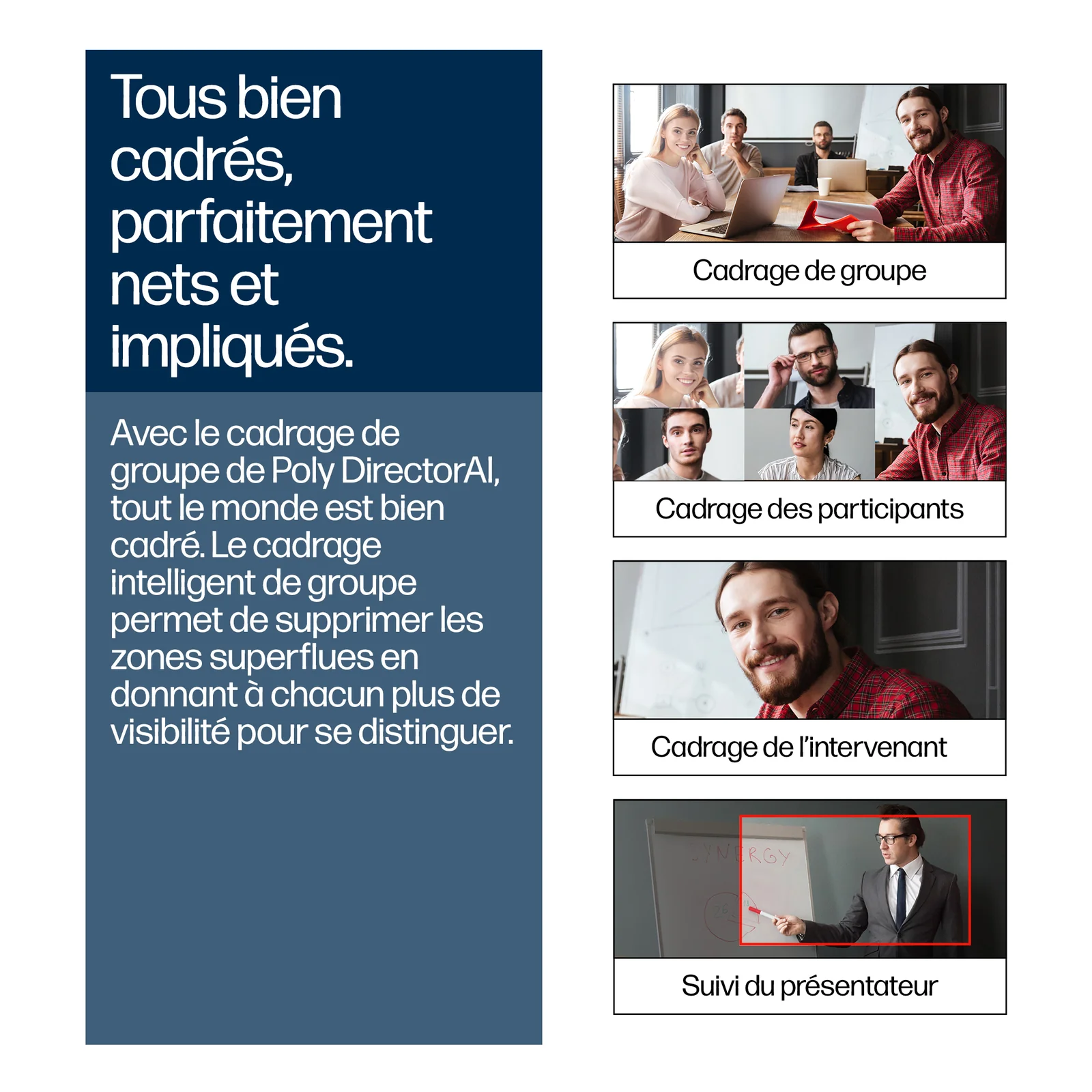 Infographie DirectorAI montrant quatre modes de cadrage automatique : groupe, participants, intervenant et suivi du présentateur