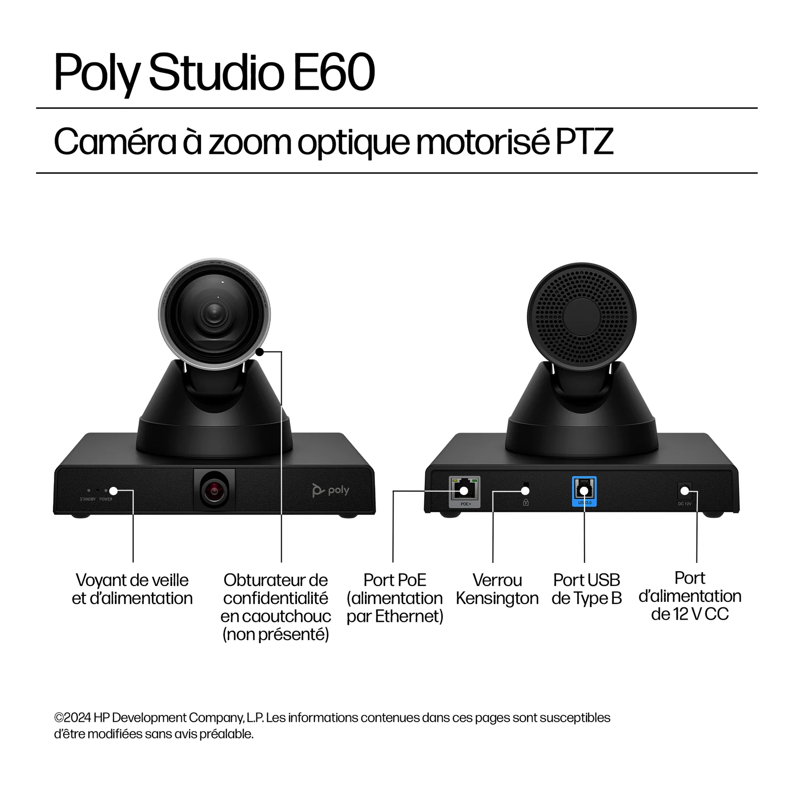 Schéma d'interfaces de la Studio E60 montrant la face avant (voyant veille, obturateur) et la face arrière (port PoE+, verrou Kensington, USB 3.0, DC 12V)
