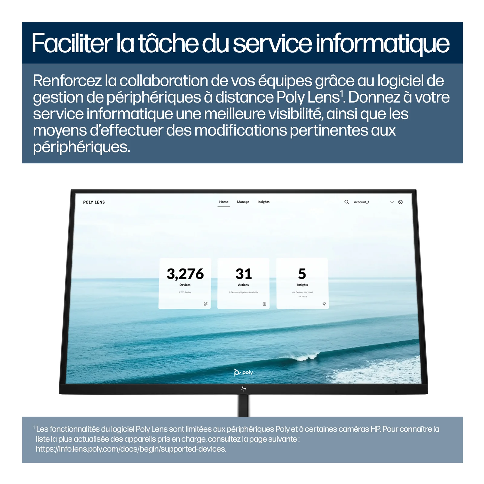 Capture d'écran du logiciel Poly Lens sur moniteur, interface de gestion de parc affichant 3 276 appareils, 31 et 5 alertes