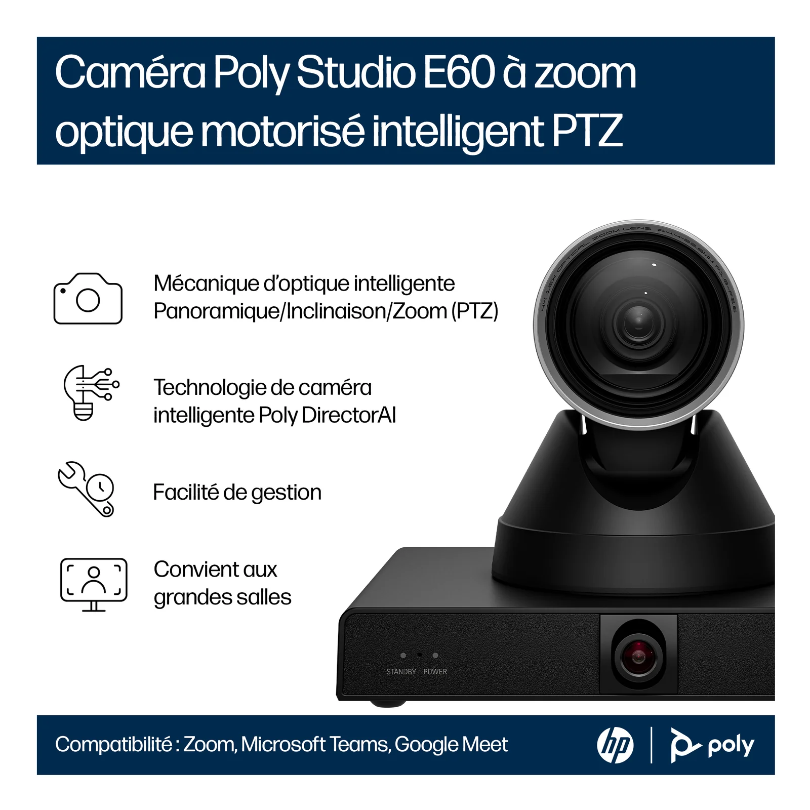Infographie récapitulative de la Studio E60 listant PTZ intelligent, DirectorAI, facilité de gestion et compatibilité grandes salles, avec logos Zoom, Teams et Google Meet
