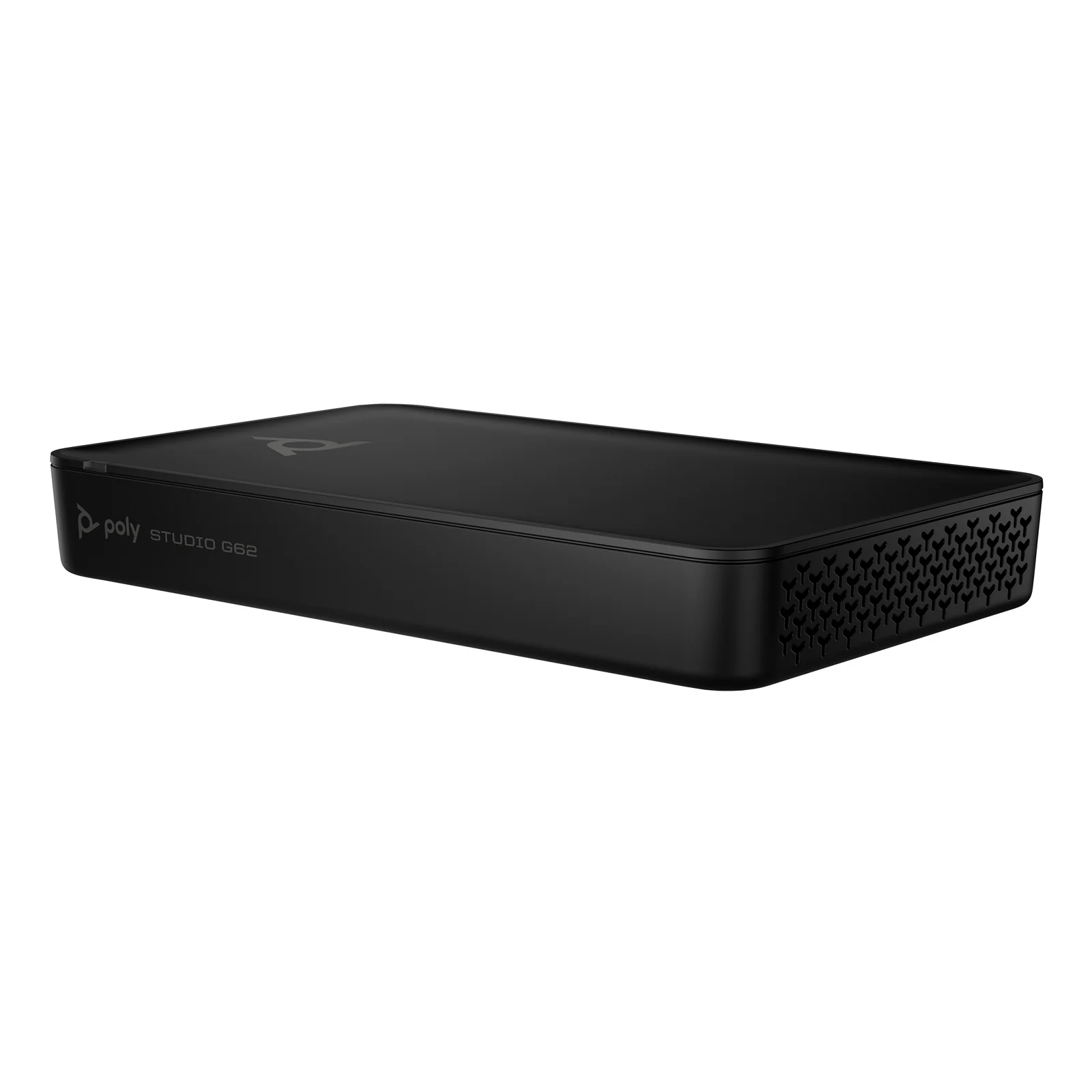 HP Poly Studio G62, vue 3/4 droite montrant la grille de ventilation latérale et le label Poly Studio G62, fond blanc