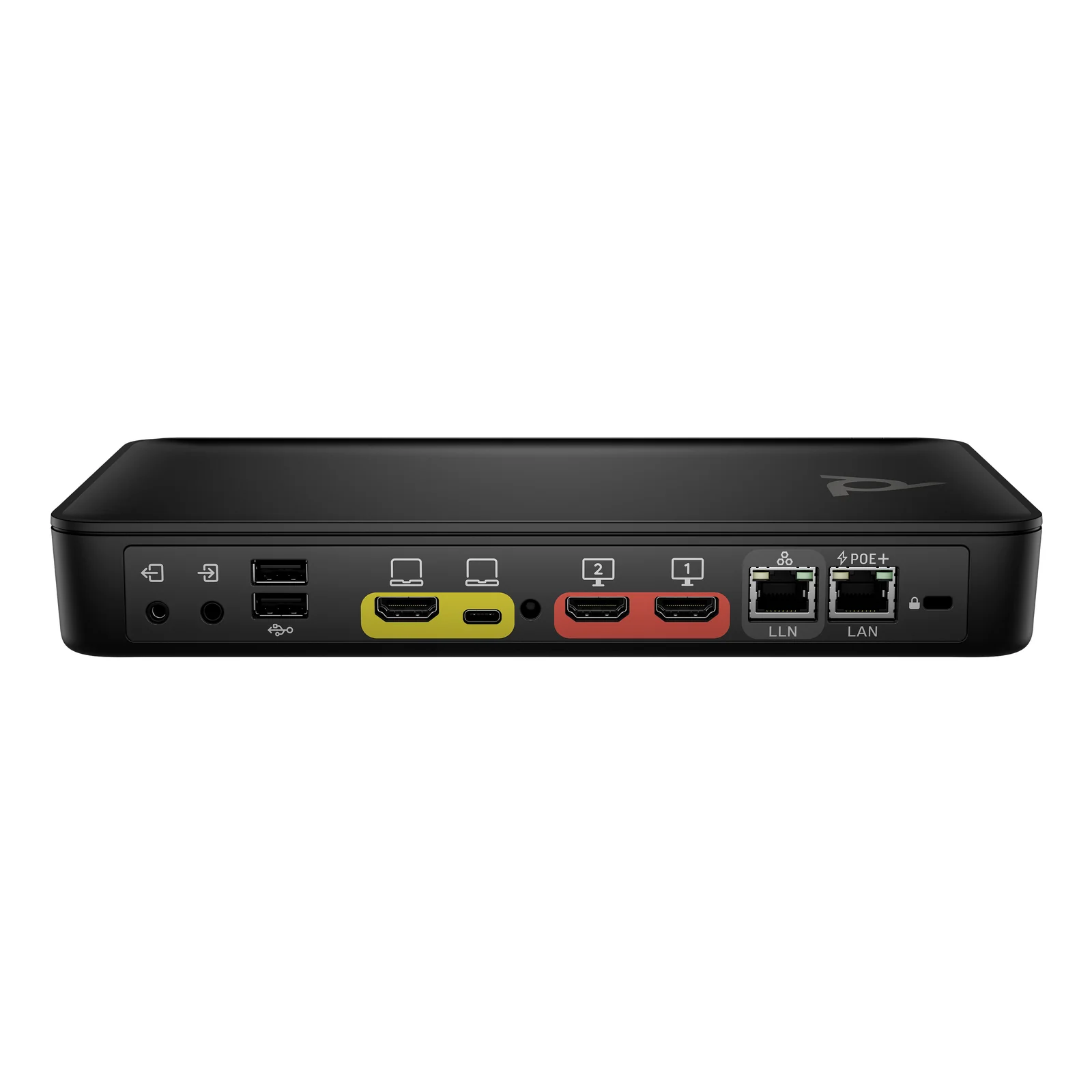 HP Poly Studio G62, vue arrière détaillant la connectique couleur codée, 2 HDMI entrée, 1 HDMI sortie, USB-A, USB-C, RJ-45 LAN et RJ-45 PoE+