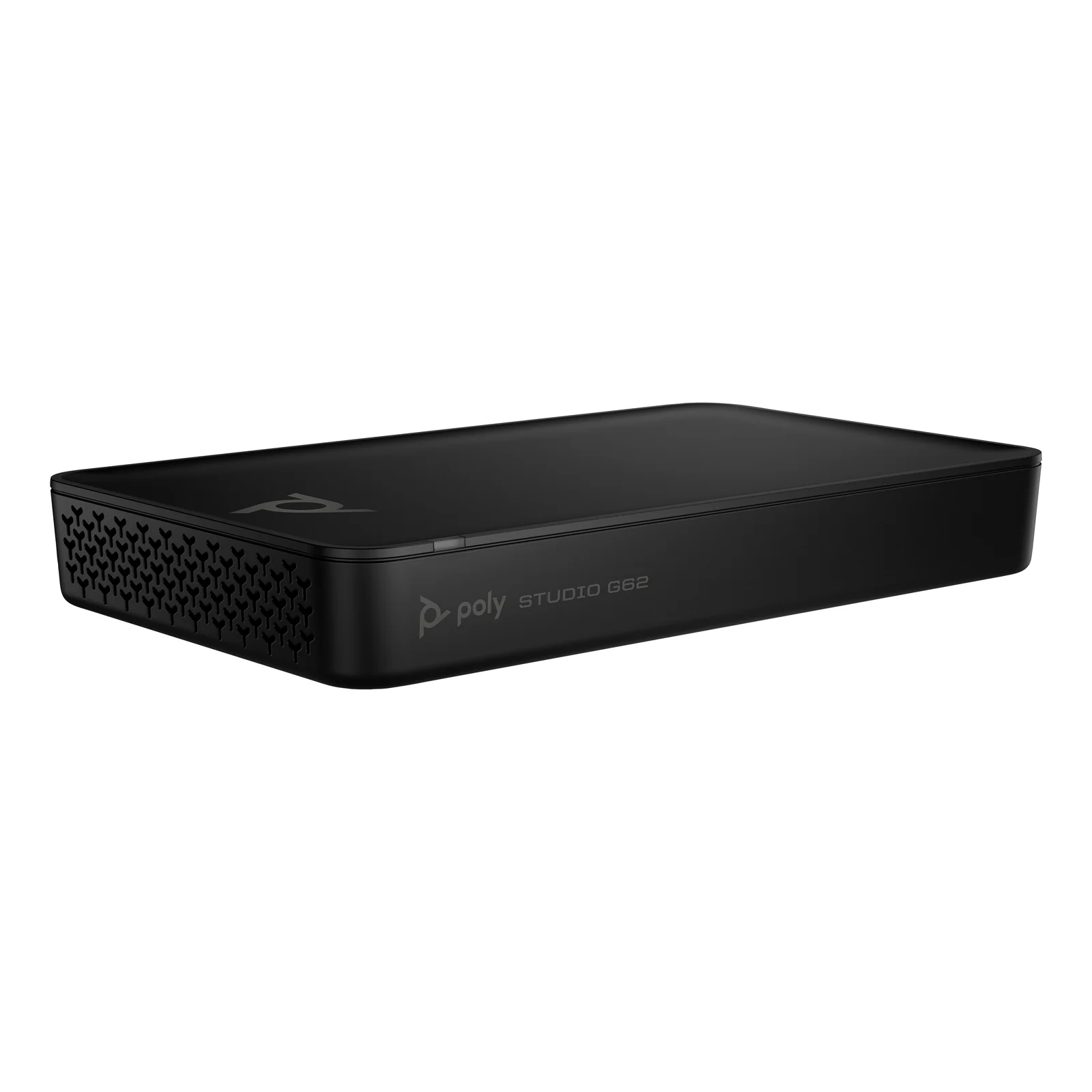HP Poly Studio G62, vue 3/4 avant gauche montrant la grille de ventilation latérale et le logo Poly Studio G62