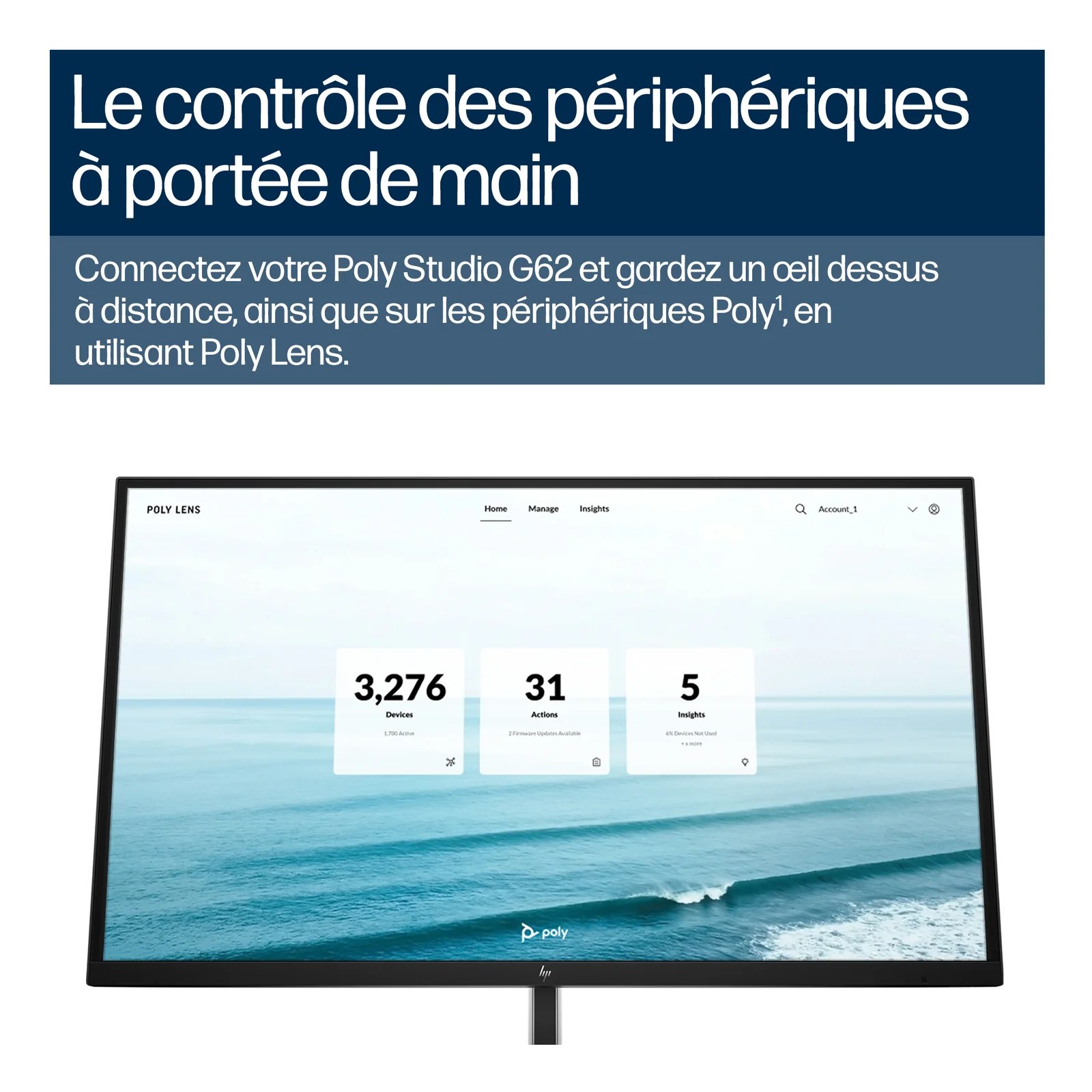 Visuel promotionnel Poly Lens sur écran HP affichant le tableau de bord de gestion des périphériques, titre le contrôle des périphériques à portée de main