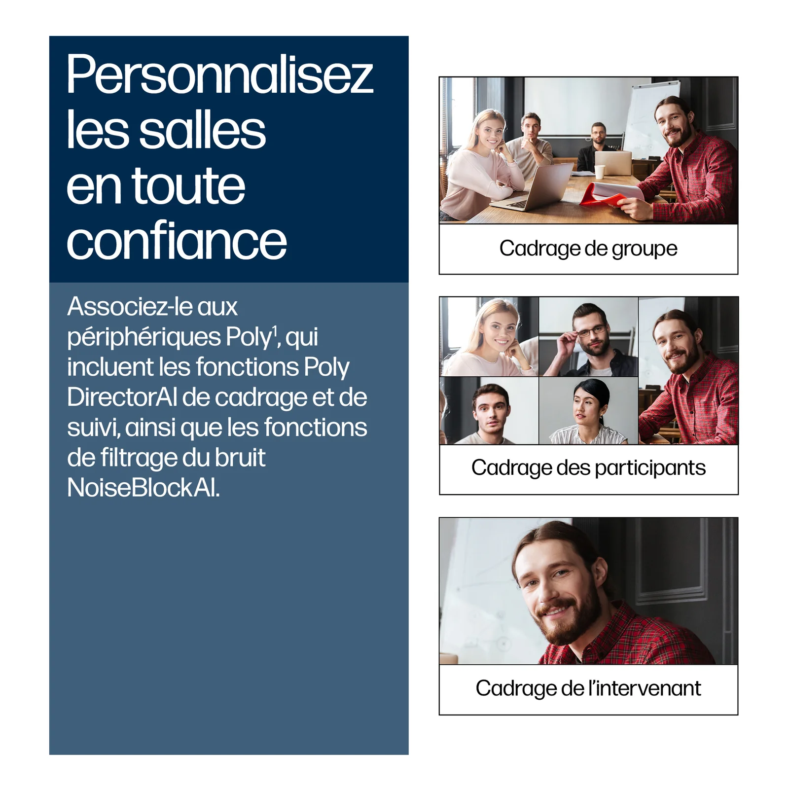 Visuel Poly Studio G62 présentant les modes de cadrage DirectorAI, cadrage de groupe, cadrage des participants et cadrage de l'intervenant