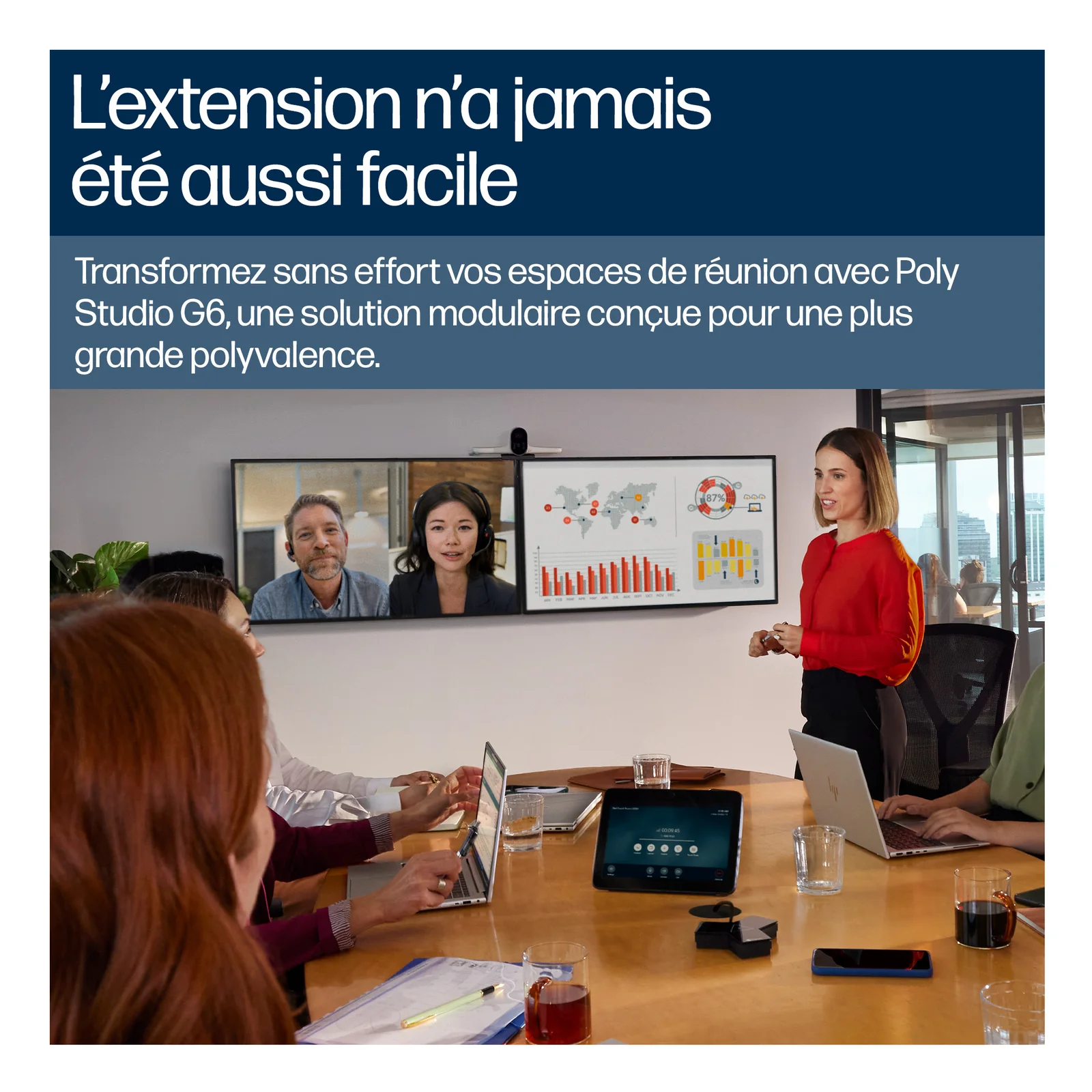 Grande salle de réunion en activité avec système Poly Studio G62, présentation sur écran double et participants locaux et distants visibles, titre l'extension n'a jamais été aussi facile