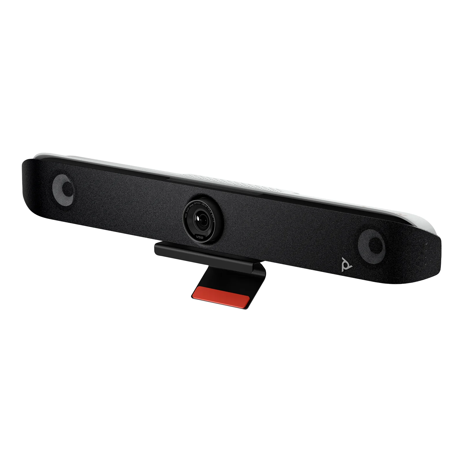 HP Poly Studio V52 vue 3/4 avec support de fixation rouge visible sous la barre, montrant le mécanisme d'accroche sur écran.