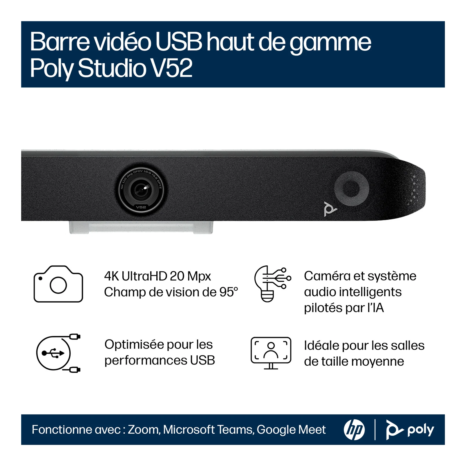 Visuel marketing Poly Studio V52 présentant les specs clés, caméra 4K UHD 20 Mpx à 95°, optimisée USB, IA embarquée, certifiée Zoom, Teams et Google Meet.