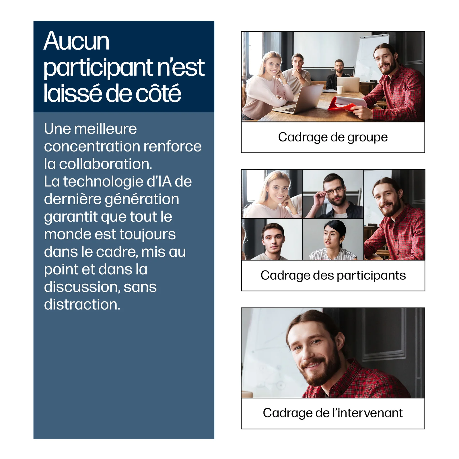 Illustration des 3 modes de cadrage automatique IA de la V52, vue groupe, cadrage des participants et focus sur l'intervenant actif.