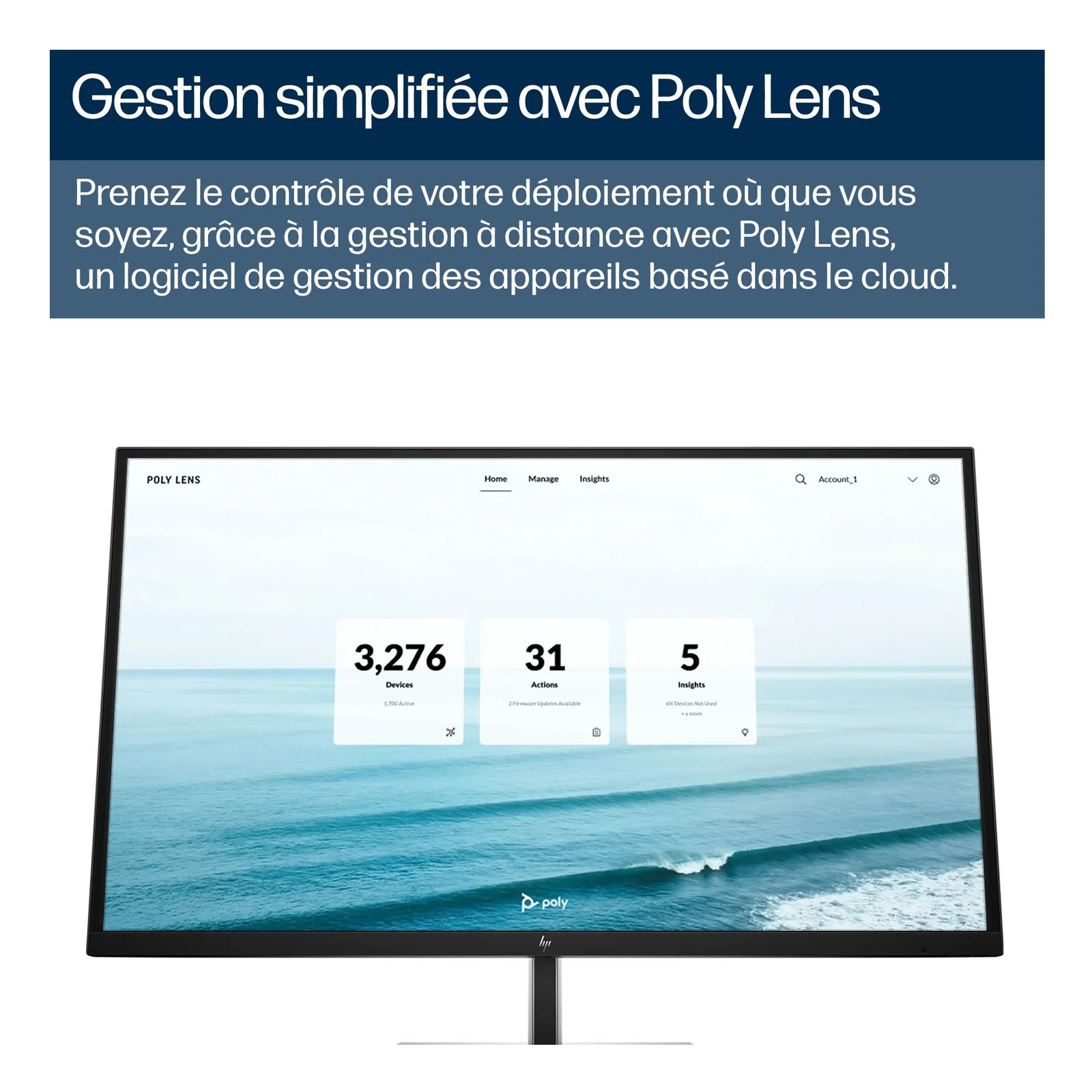 Interface Poly Lens sur écran avec tableau de bord cloud affichant 3276 appareils gérés, actions de mise à jour et insights disponibles.