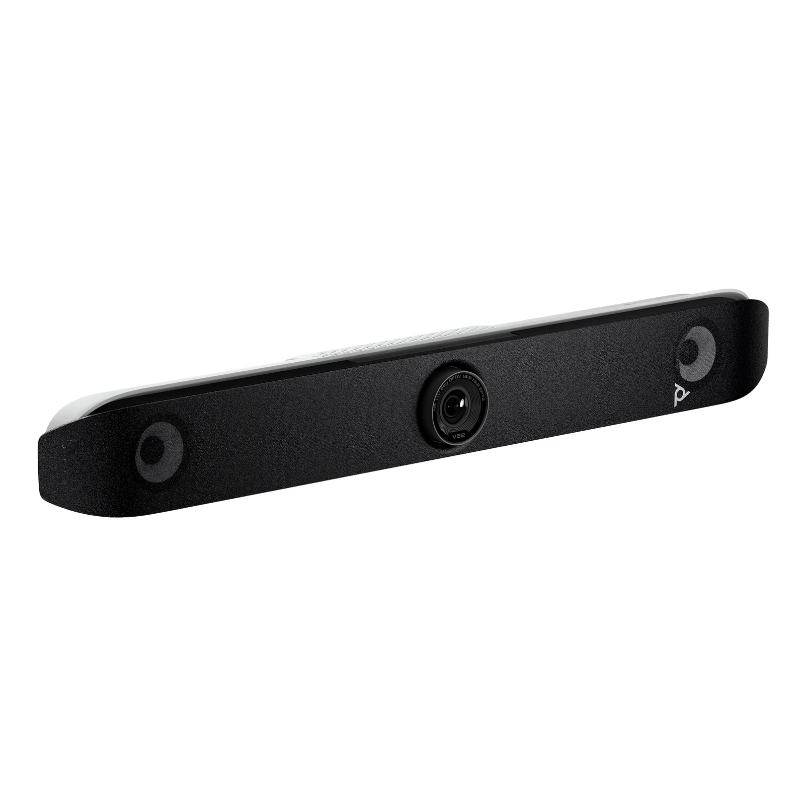 HP Poly Studio V52 vue en angle trois quarts avant gauche, caméra centrale et façade tissu acoustique noirs avec bandeau argenté supérieur