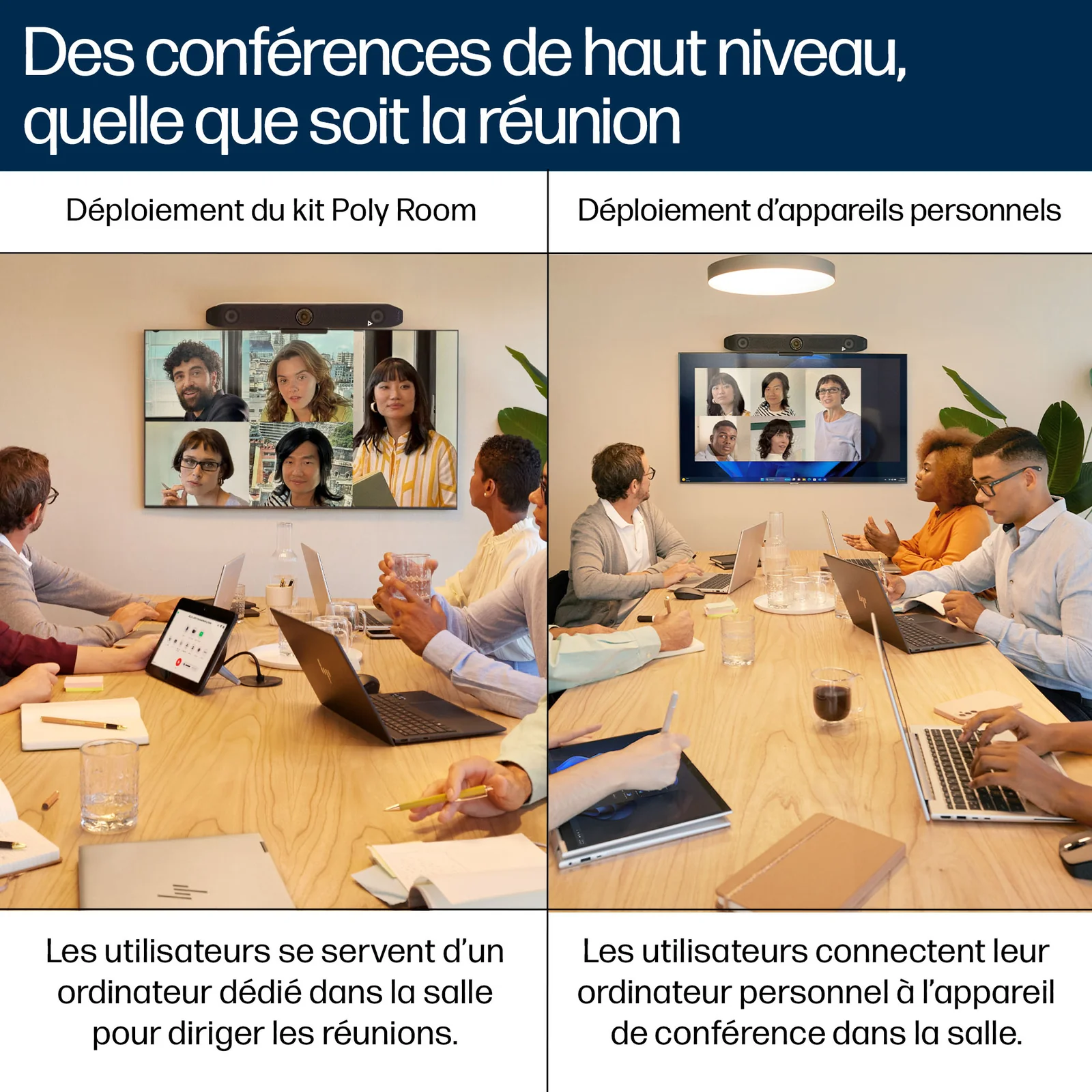 Infographie comparative HP Poly Studio V52 présentant deux modes de déploiement en salle, kit Poly Room dédié versus appareil personnel connecté, réunion hybride illustrée