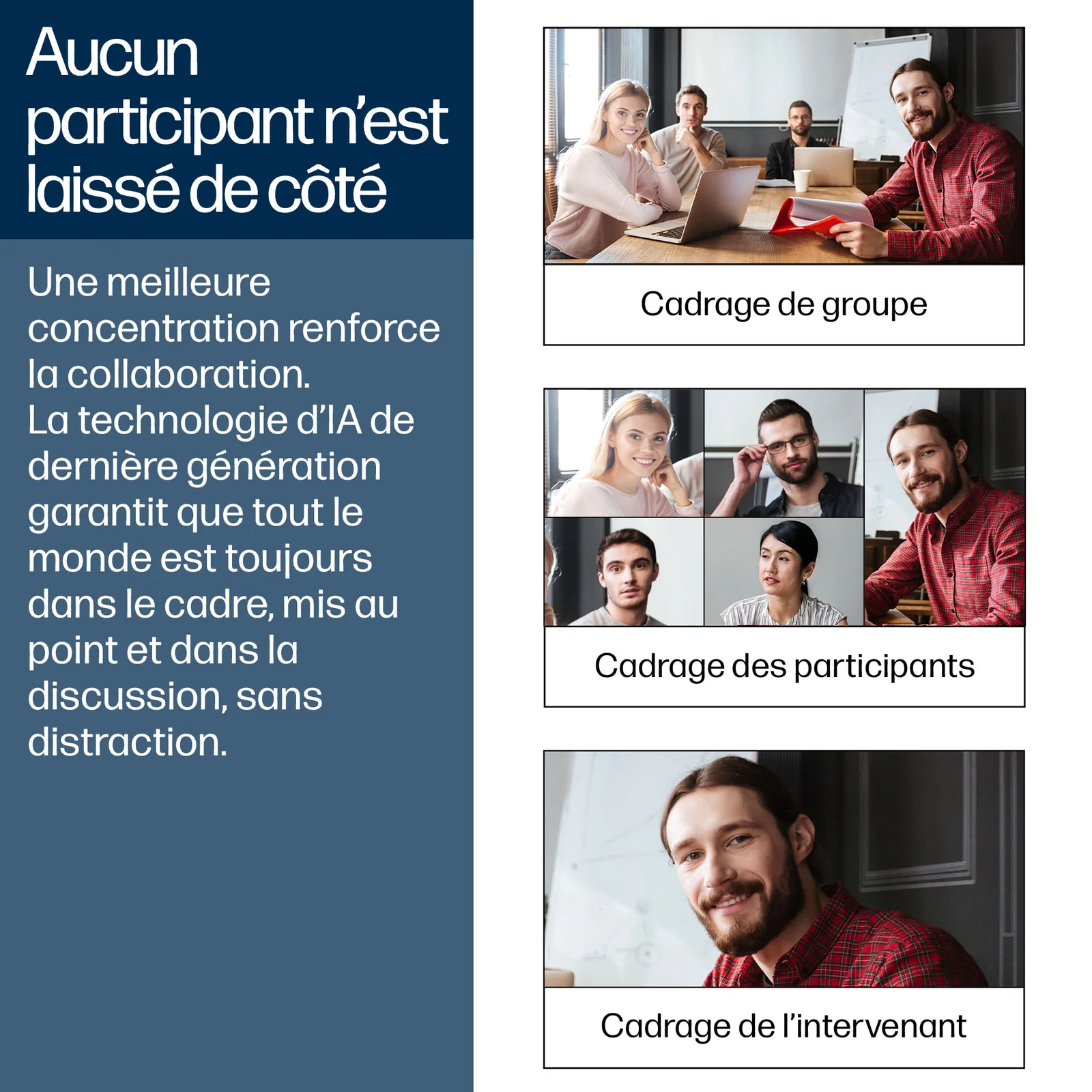 Infographie HP Poly Studio V52 illustrant les modes de cadrage DirectorAI, cadrage de groupe, cadrage des participants et cadrage de l'intervenant actif
