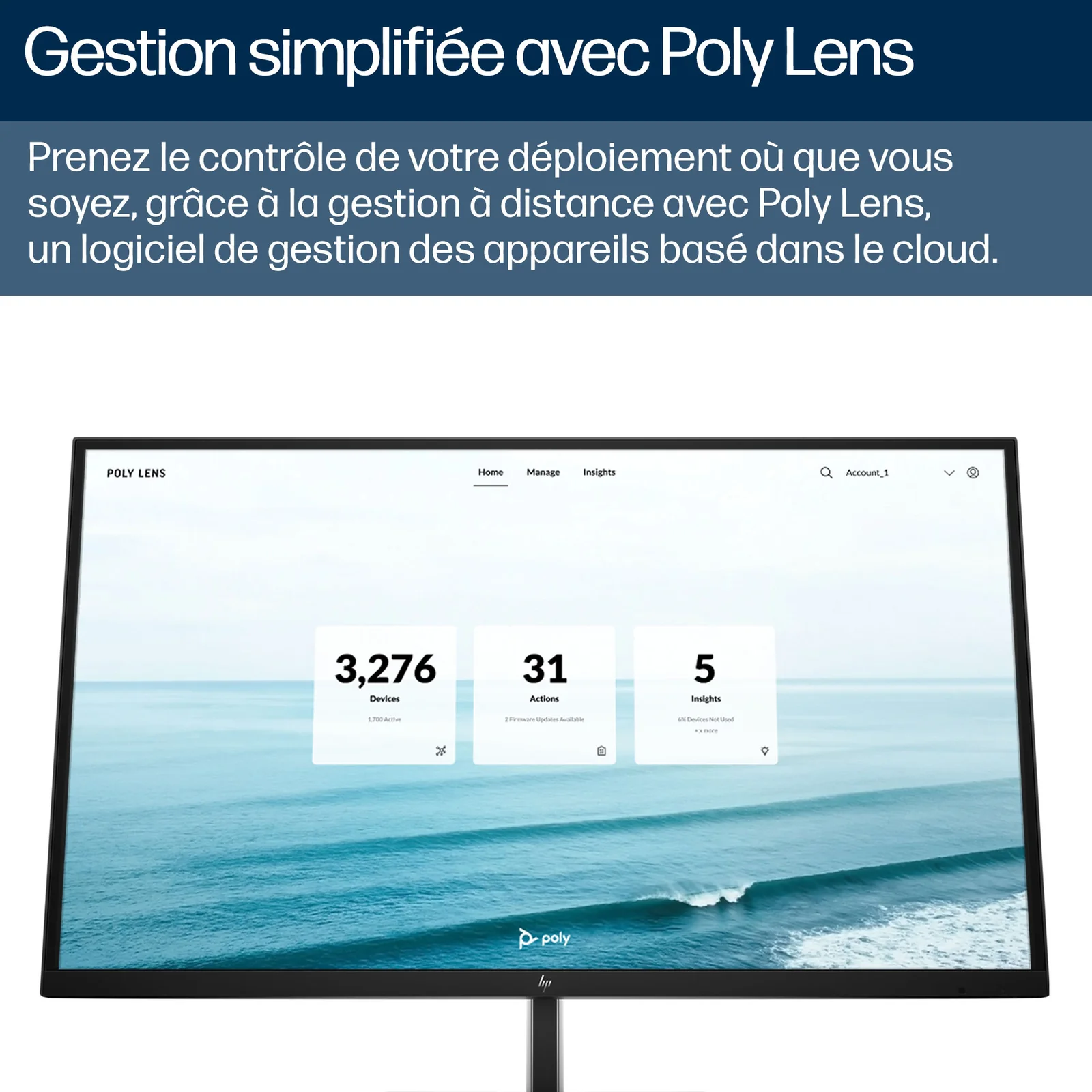 Infographie HP Poly Studio V52 présentant la gestion à distance via Poly Lens sur écran HP avec tableau de bord du parc d'appareils
