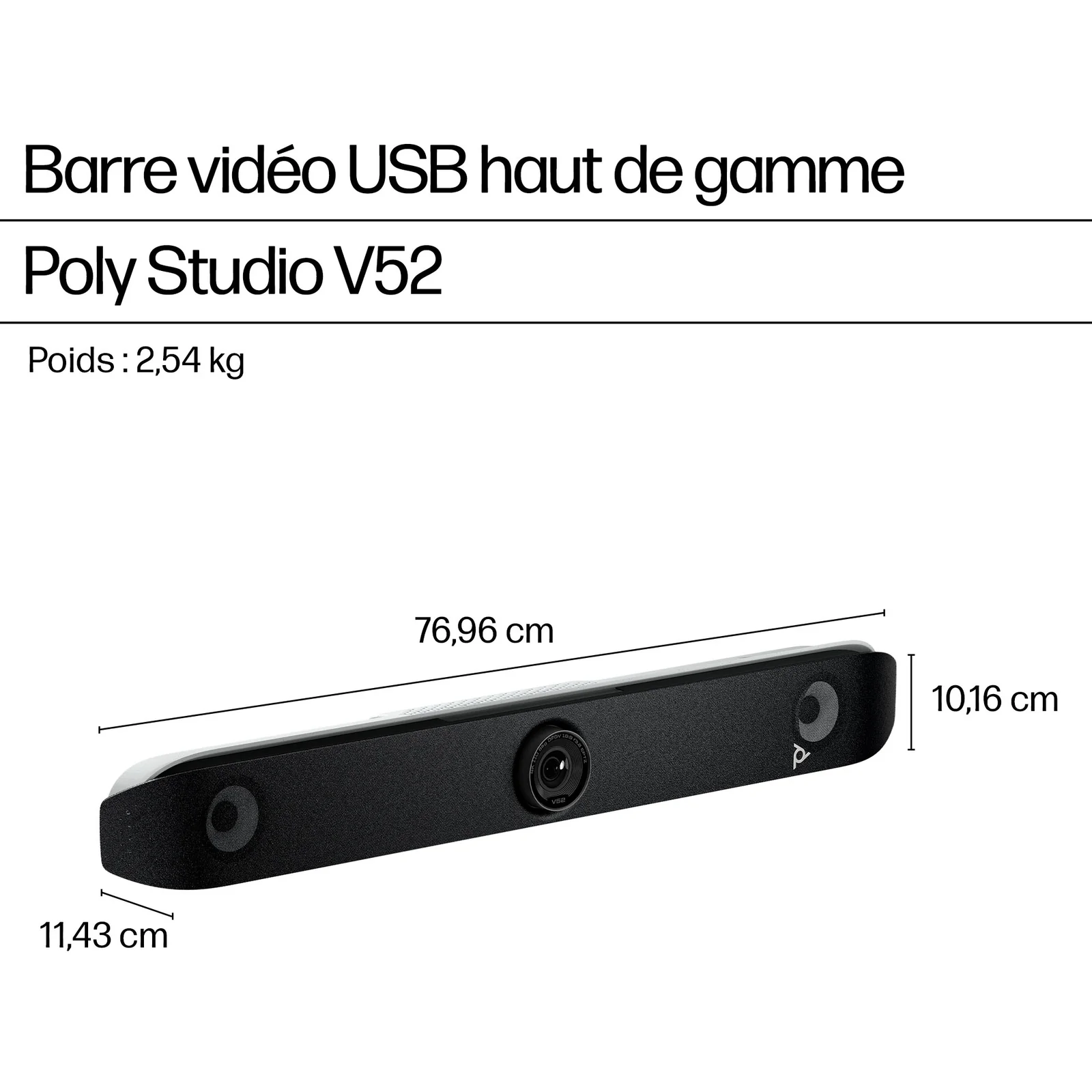 Infographie technique HP Poly Studio V52 vue de dessous légendée, haut-parleurs à 4 voies, micros de second ordre, zoom 5x et champ de vision 95° annotés
