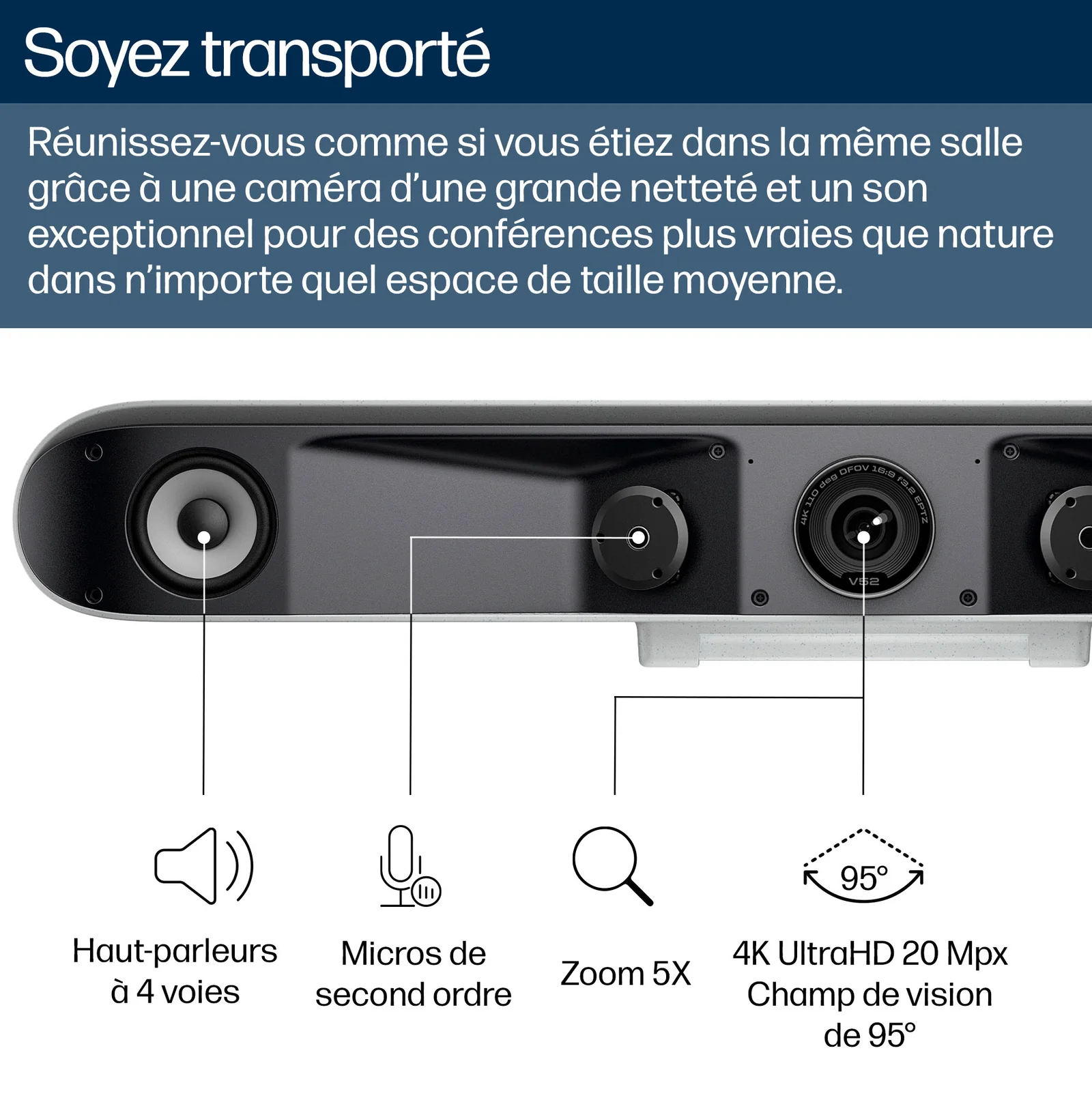 Salle de réunion avec HP Poly Studio V52 montée sur écran, collaborateur en premier plan avec ordinateur portable ouvert sur appel vidéo actif
