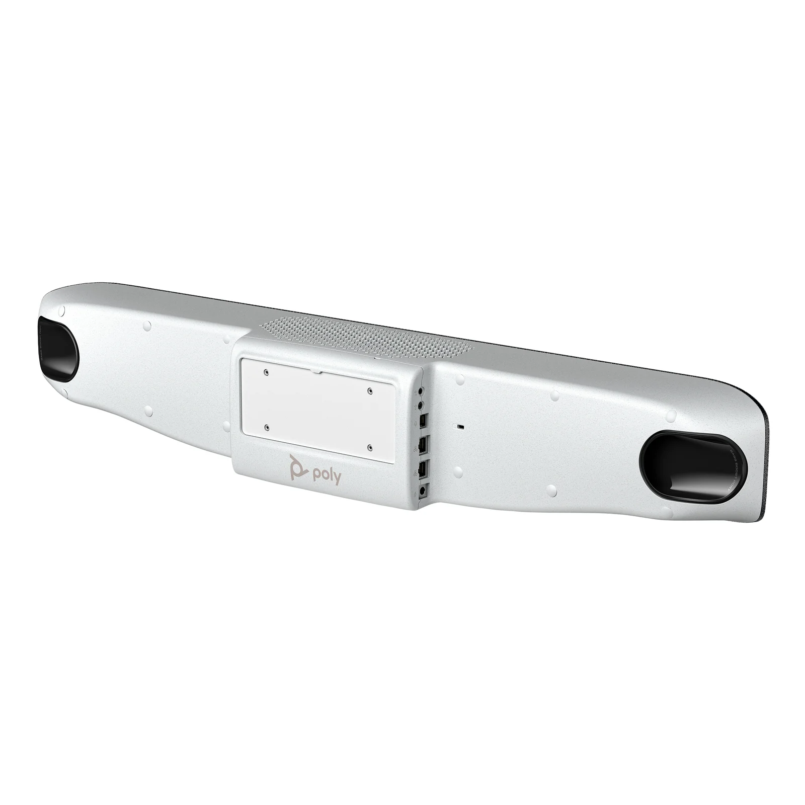 HP Poly Studio V72 vue arrière, module de connectique central blanc avec ports réseau et USB, bras de fixation murale aux extrémités