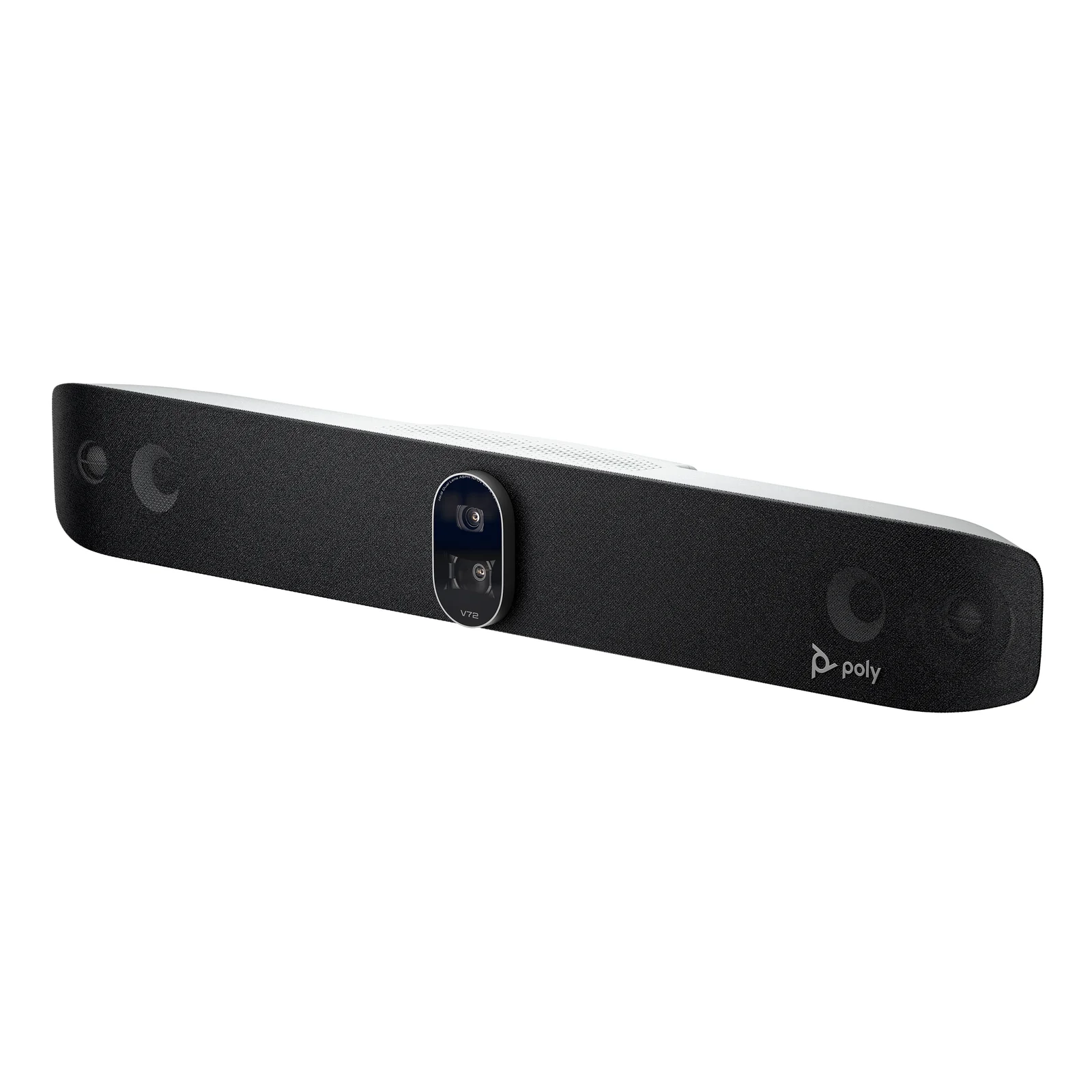 HP Poly Studio V72 vue trois quarts avant droit, module double objectif visible au centre, grille tissu noir et logo Poly